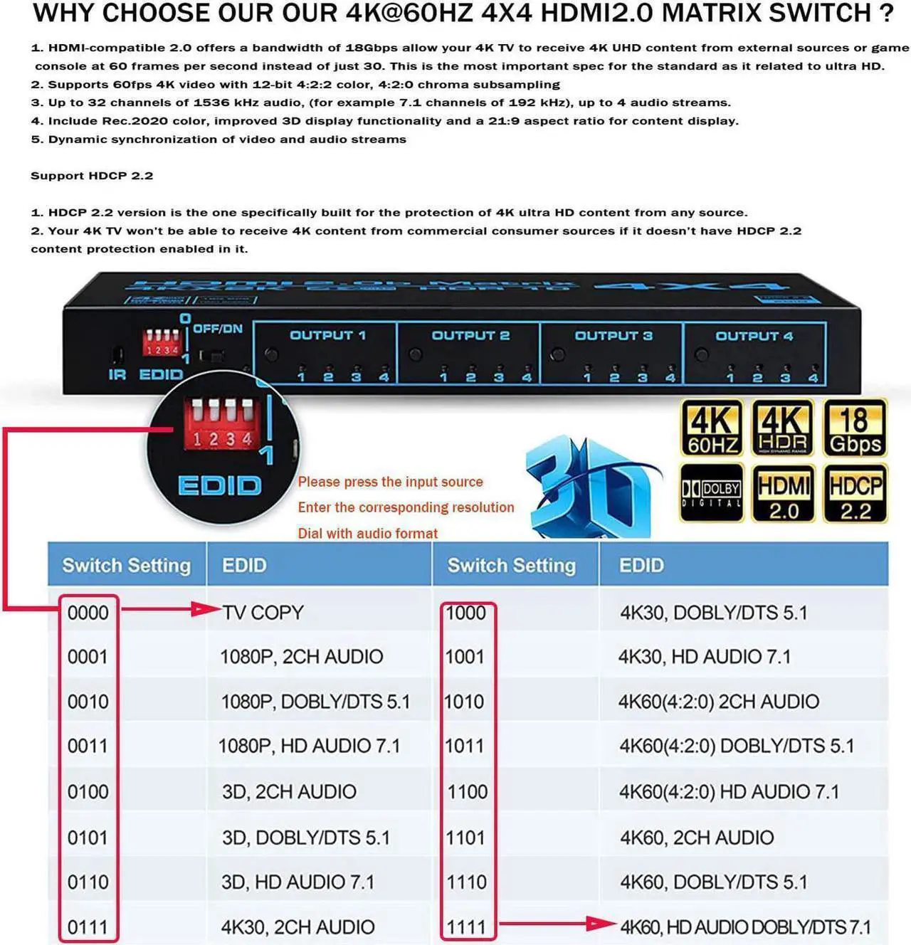 Alt view image 5 of 7 - HDMI Matrix Switch 4x4, 4K HDMI Matrix Switcher Splitter 4 in 4 Out Box with EDID Extractor and IR Remote Control Support 4K HDR, HDMI 2.0b, HDCP 2.2, 4K@60Hz, 3D, YUV 4:4:4