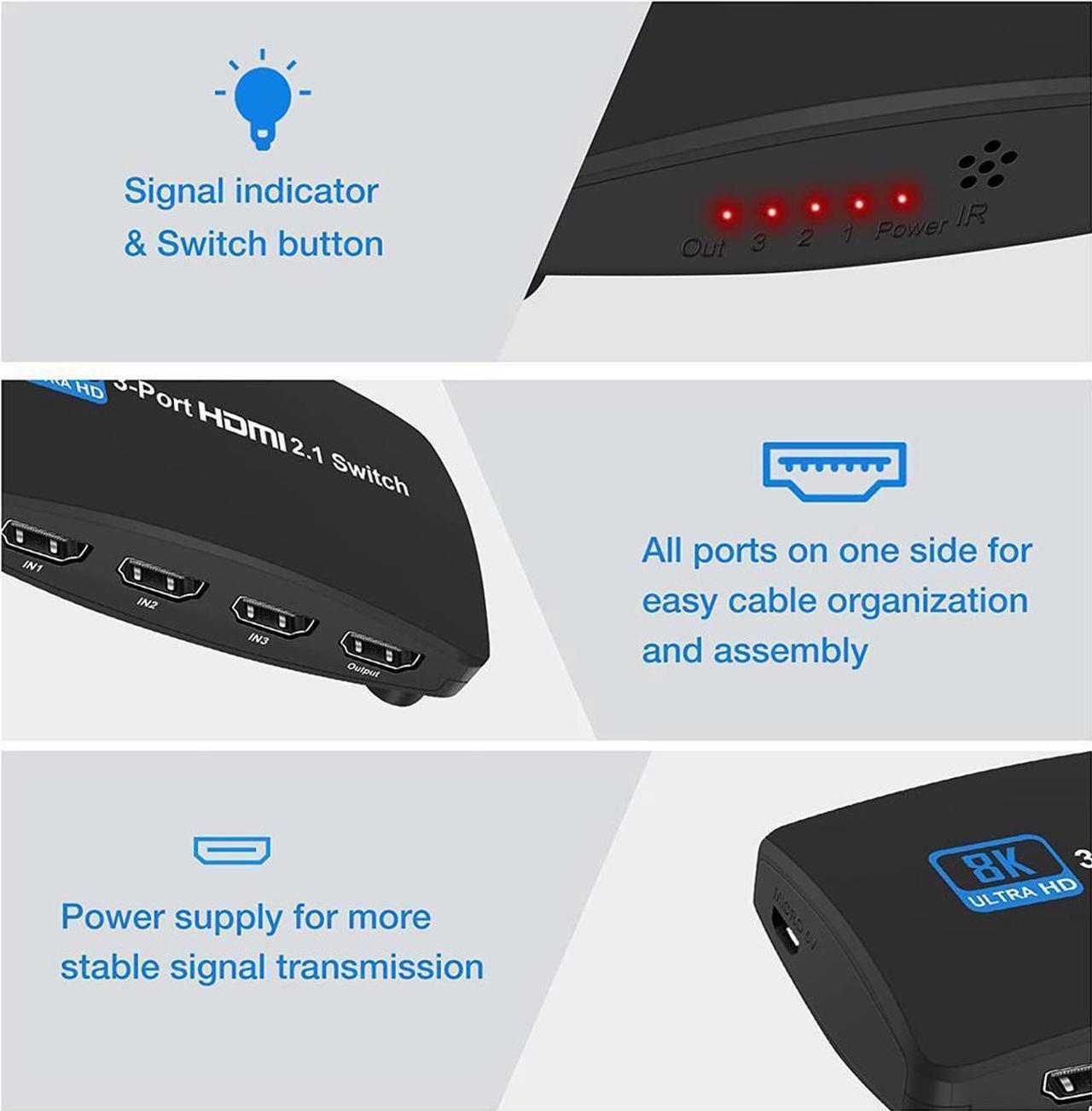 Alt view image 3 of 7 - 8K@60Hz HDMI 2.1 Switch, HDMI Switch 3 in 1 Out, 3-Port HDMI Switcher Selector, Supports 4K@120Hz, 1080P@240Hz, 1080P@120Hz for Fire Stick, HDTV, PS4/5, Game Consoles with Remote Control