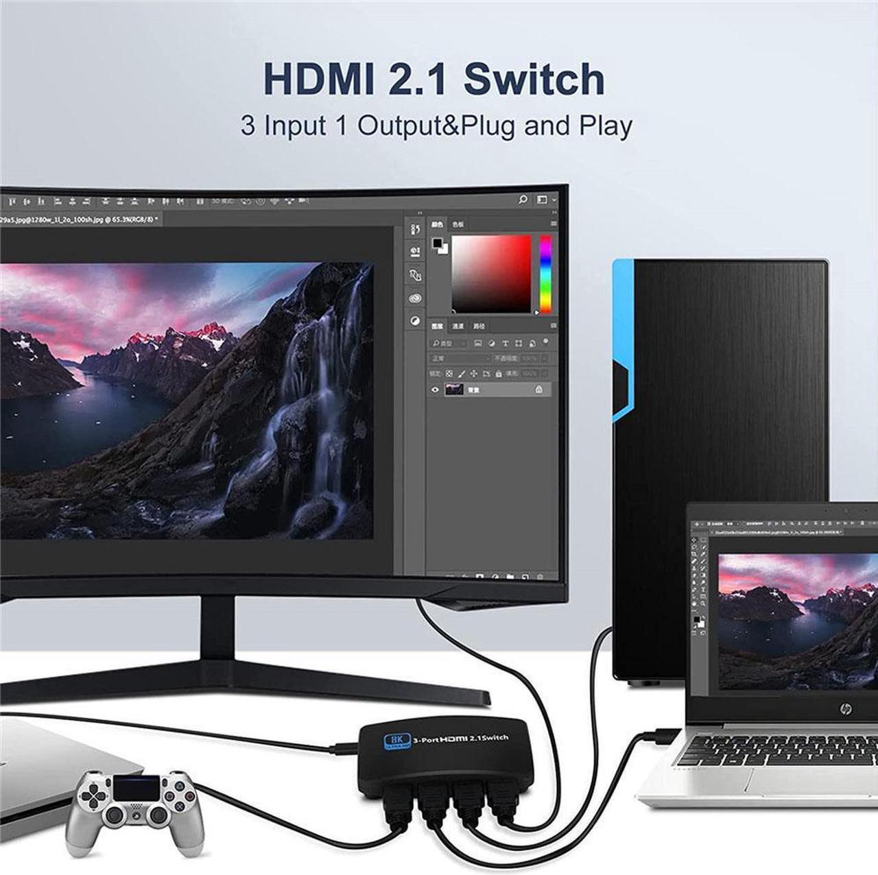 Alt view image 5 of 7 - 8K@60Hz HDMI 2.1 Switch, HDMI Switch 3 in 1 Out, 3-Port HDMI Switcher Selector, Supports 4K@120Hz, 1080P@240Hz, 1080P@120Hz for Fire Stick, HDTV, PS4/5, Game Consoles with Remote Control