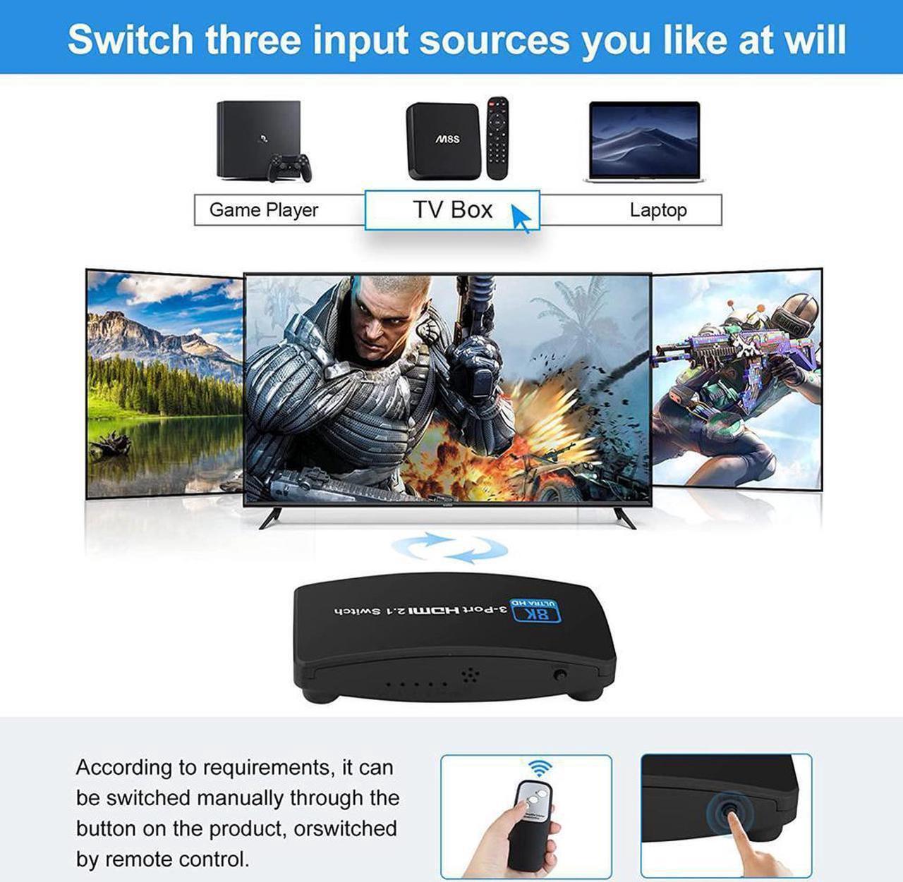 Alt view image 4 of 7 - 8K@60Hz HDMI 2.1 Switch, HDMI Switch 3 in 1 Out, 3-Port HDMI Switcher Selector, Supports 4K@120Hz, 1080P@240Hz, 1080P@120Hz for Fire Stick, HDTV, PS4/5, Game Consoles with Remote Control