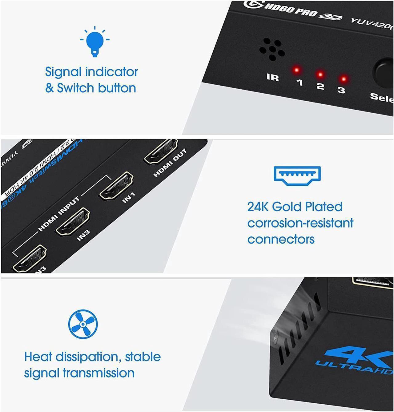 Alt view image 7 of 7 - 4K@60Hz HDMI Switch, HDMI Switch 3 in 1 Out with Remote Control, 3-Port HDMI Switcher Selector, Supports 4K, 3D, HDCP2.2, HDMI2.0, HDR, for Fire Stick, HDTV, PS4/5, Game Consoles, PC