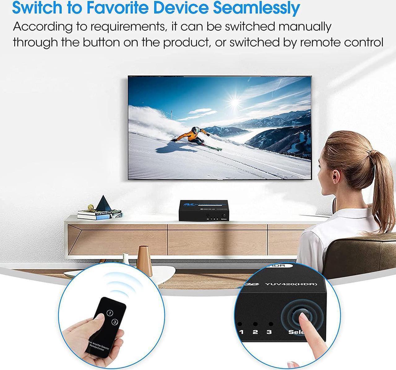 Alt view image 6 of 7 - 4K@60Hz HDMI Switch, HDMI Switch 3 in 1 Out with Remote Control, 3-Port HDMI Switcher Selector, Supports 4K, 3D, HDCP2.2, HDMI2.0, HDR, for Fire Stick, HDTV, PS4/5, Game Consoles, PC