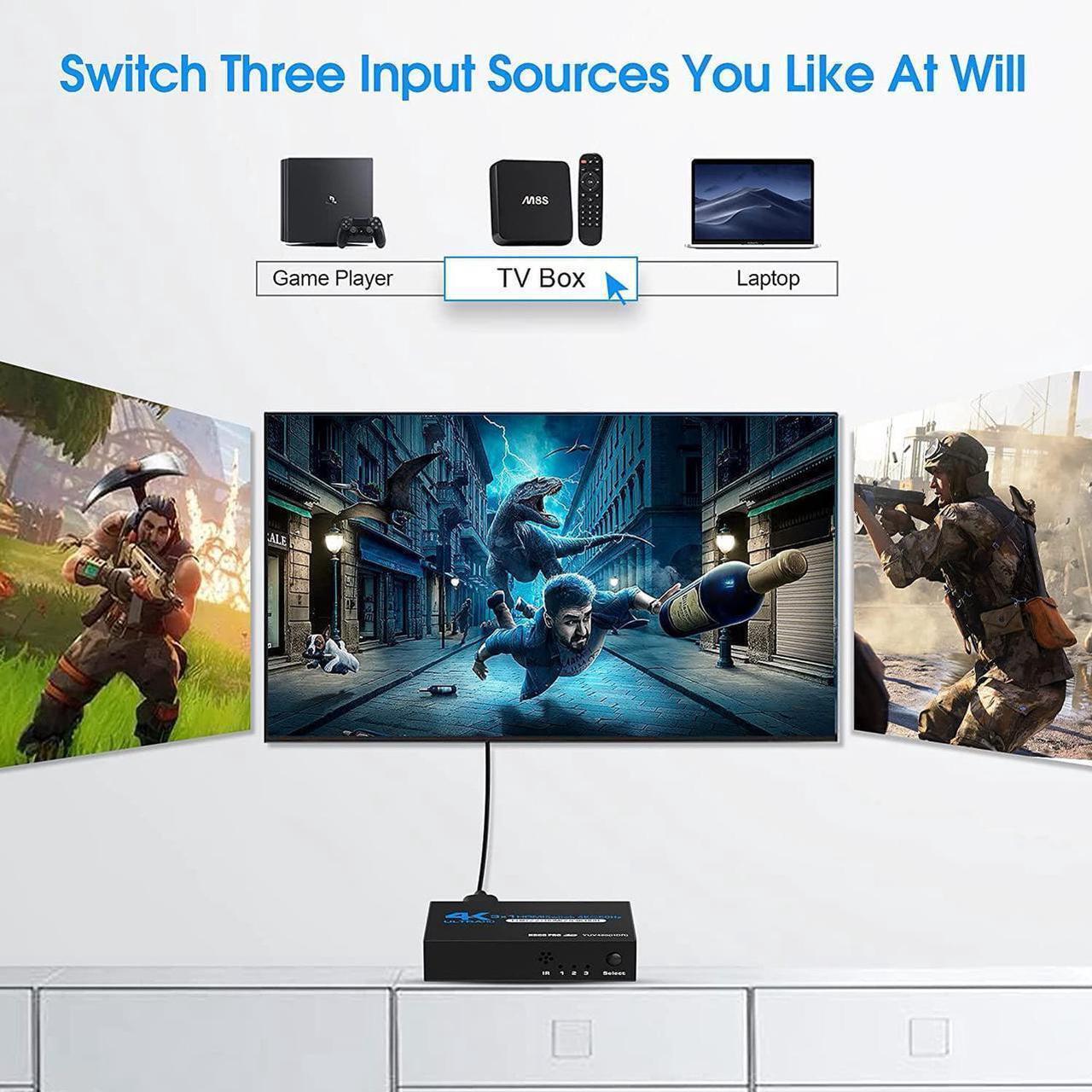 Alt view image 2 of 7 - 4K@60Hz HDMI Switch, HDMI Switch 3 in 1 Out with Remote Control, 3-Port HDMI Switcher Selector, Supports 4K, 3D, HDCP2.2, HDMI2.0, HDR, for Fire Stick, HDTV, PS4/5, Game Consoles, PC