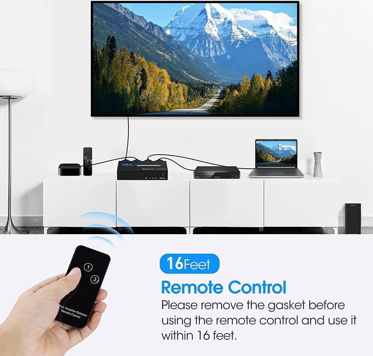 Alt view image 3 of 7 - 4K@60Hz HDMI Switch, HDMI Switch 3 in 1 Out with Remote Control, 3-Port HDMI Switcher Selector, Supports 4K, 3D, HDCP2.2, HDMI2.0, HDR, for Fire Stick, HDTV, PS4/5, Game Consoles, PC