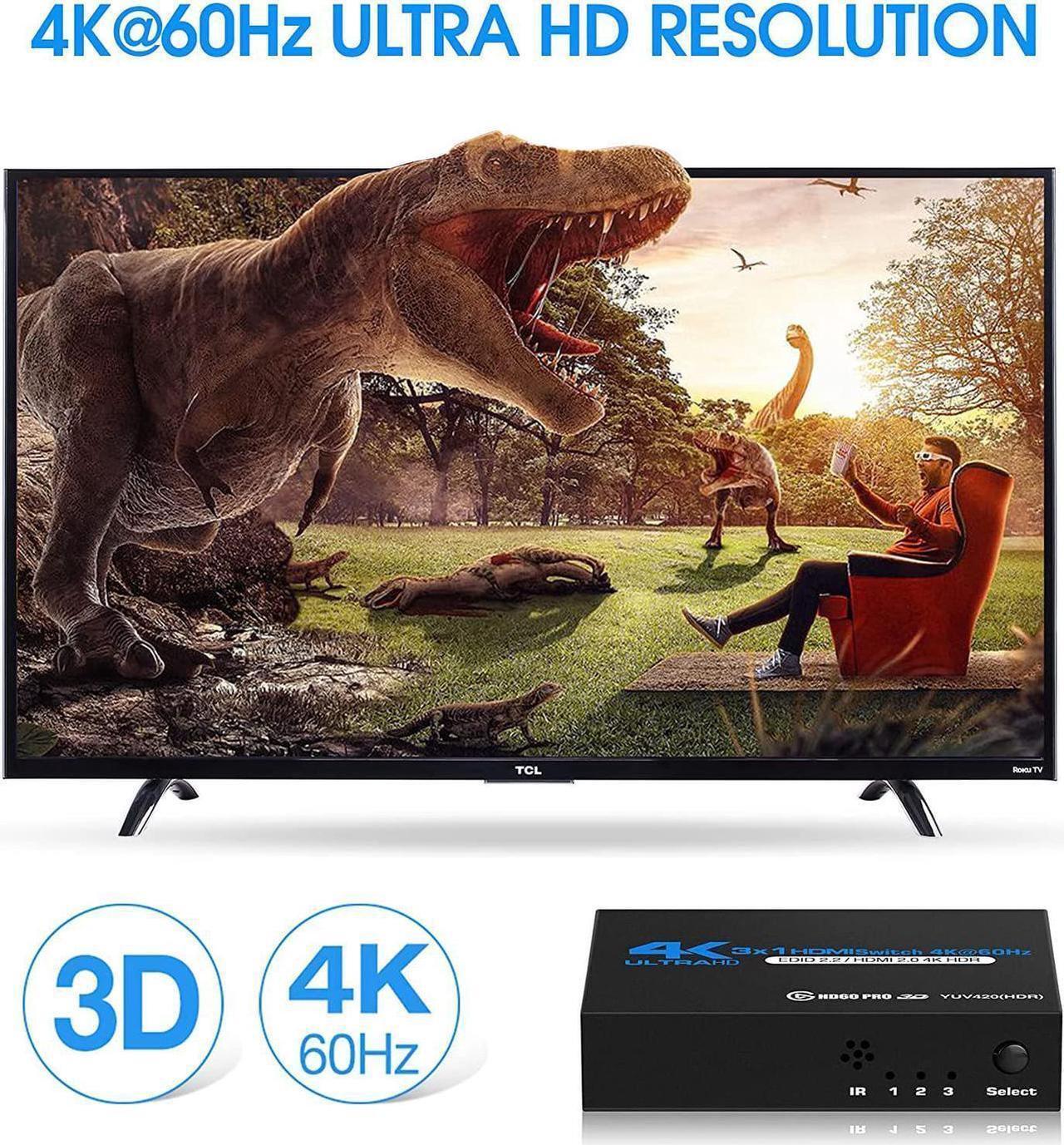 Alt view image 5 of 7 - 4K@60Hz HDMI Switch, HDMI Switch 3 in 1 Out with Remote Control, 3-Port HDMI Switcher Selector, Supports 4K, 3D, HDCP2.2, HDMI2.0, HDR, for Fire Stick, HDTV, PS4/5, Game Consoles, PC