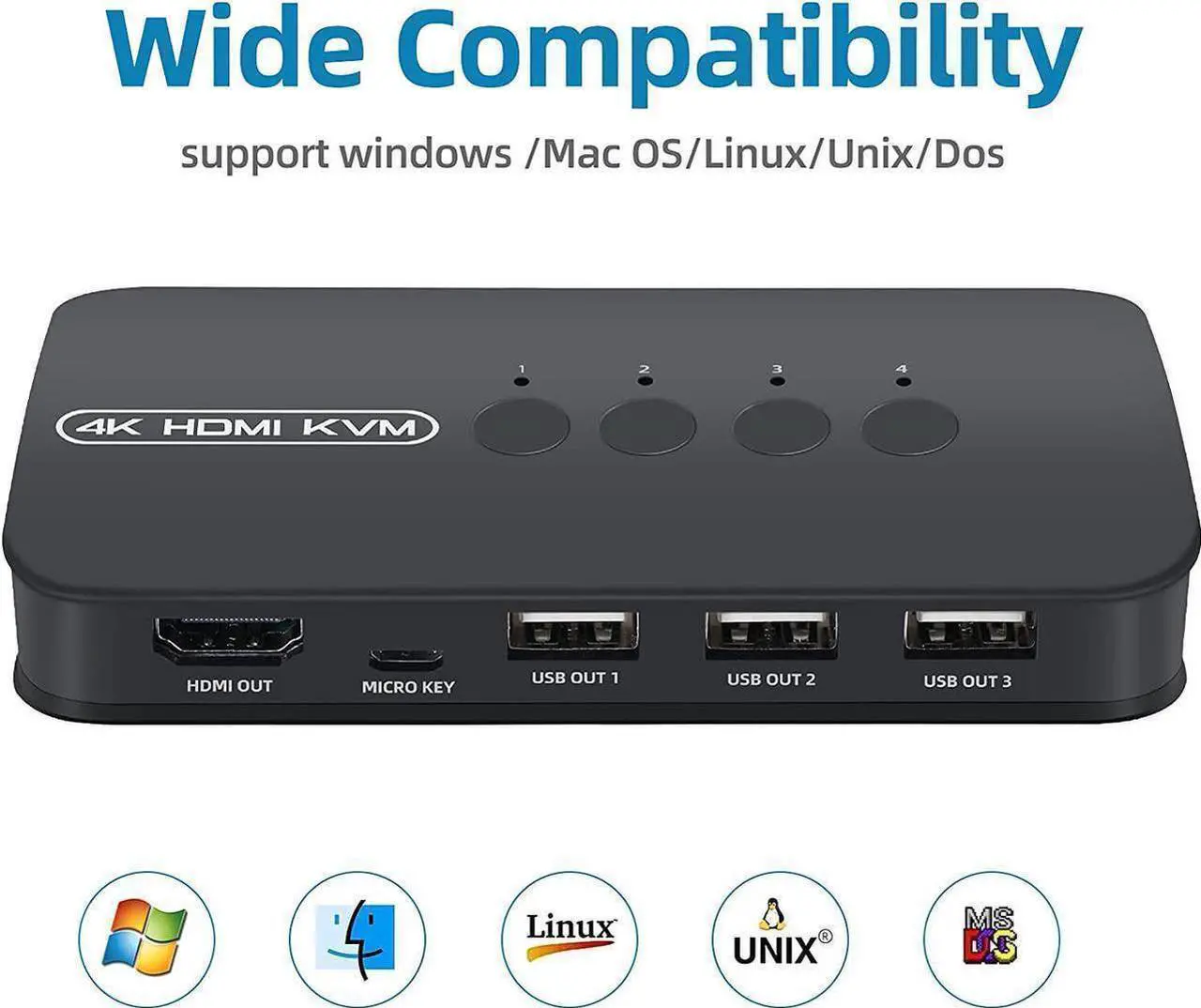 Alt view image 6 of 6 - Vszerda 4 Ports HDMI KVM Switch, HDMI USB Selector for 4 Computers Share Keyboard Mouse Printer and One HD 4K@30Hz Monitor, Including 4 KVM Cables