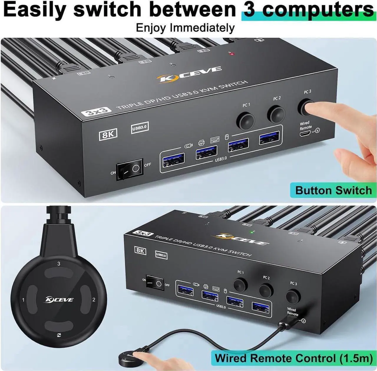 Alt view image 3 of 6 - KVM Switch 3 Monitors 3 Computers 8K@60Hz, HDMI + 2* Displayport Triple Monitor KVM Switch with 4 USB 3.0 Ports for Keyboard Mouse Printer, Wired Remote, USB Cable and Power Adapter Included