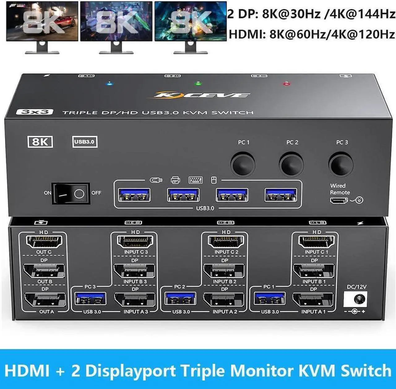 Main image of KVM Switch 3 Monitors 3 Computers 8K@60Hz, HDMI + 2* Displayport Triple Monitor KVM Switch with 4 USB 3.0 Ports for Keyboard Mouse Printer, Wired Remote, USB Cable and Power Adapter Included