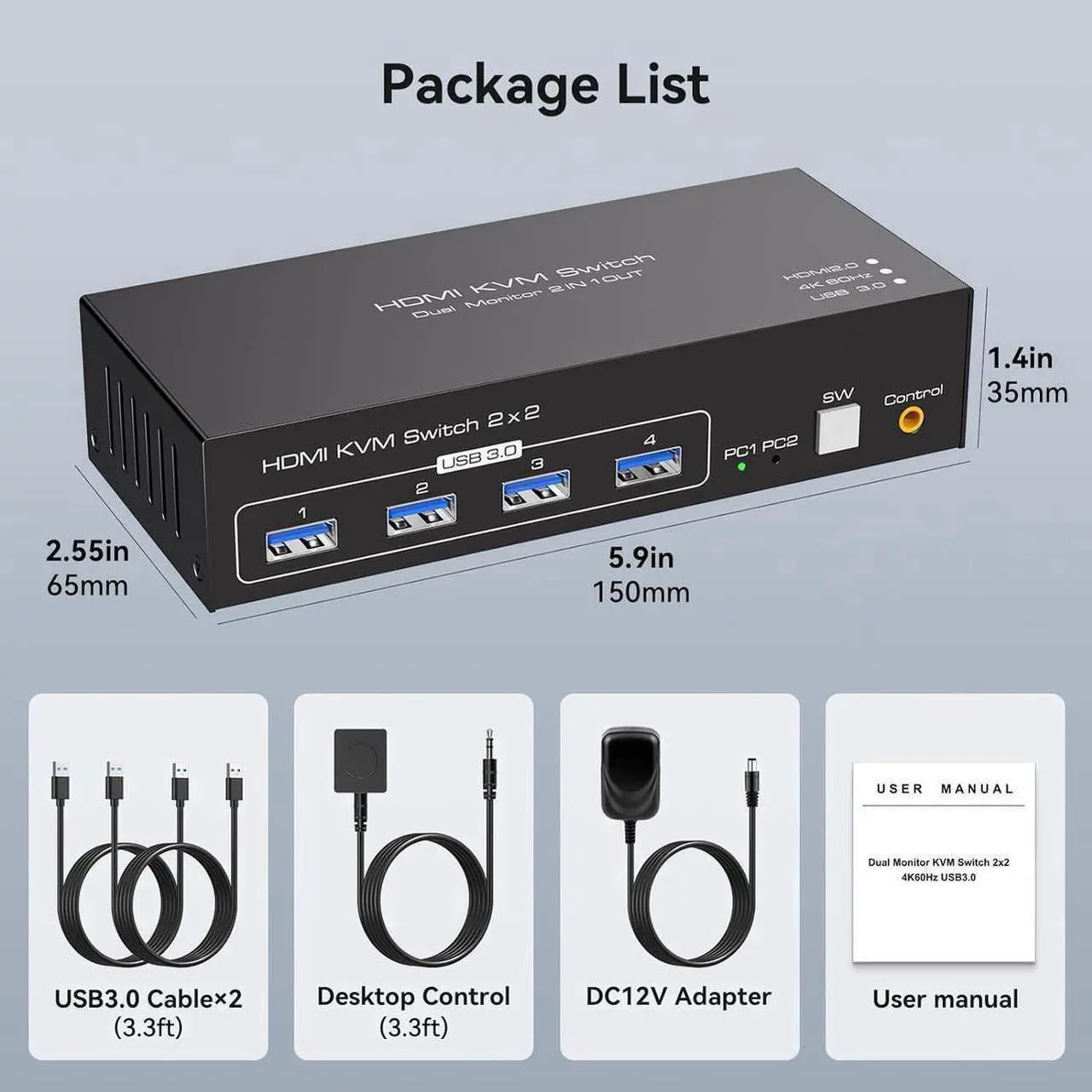 Alt view image 7 of 7 - Dual Monitor HDMI KVM Switch, 2 Port HDMI 4K@60Hz KVM Switcher for 2 Computers 2 Monitors with 4 USB 3.0 Ports Support Copy and Extended Display and Desktop Control Including 2 USB 3.0 Cable
