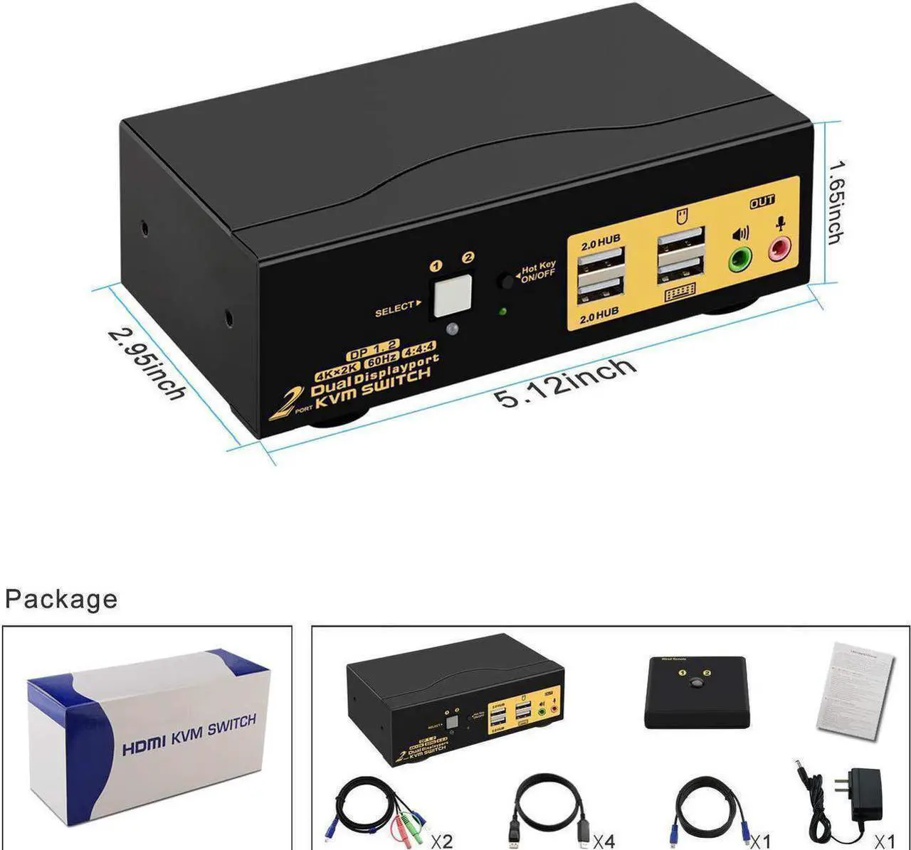 Alt view image 4 of 7 - 2 Port Dual Monitor Displayport KVM Switch, DP KVM Switch with Audio, with USB 2.0 Hub and Cables Support Hotkey Switching Resolution Up to 4096x2160 @60Hz 4:4:4