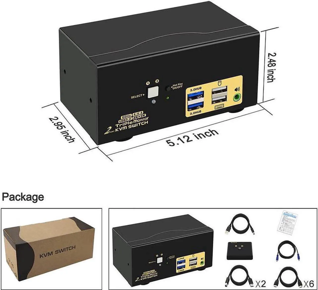 Alt view image 7 of 7 - 2 Port Triple Monitor HDMI KVM Switch, HDMI USB 3.0 KVM Switch with Audio Output, All Input Cables, 2 USB 3.0 Hub for 2 Computers Sharing 3 Monitors Supports Emulation EDID, Hotkey Switching