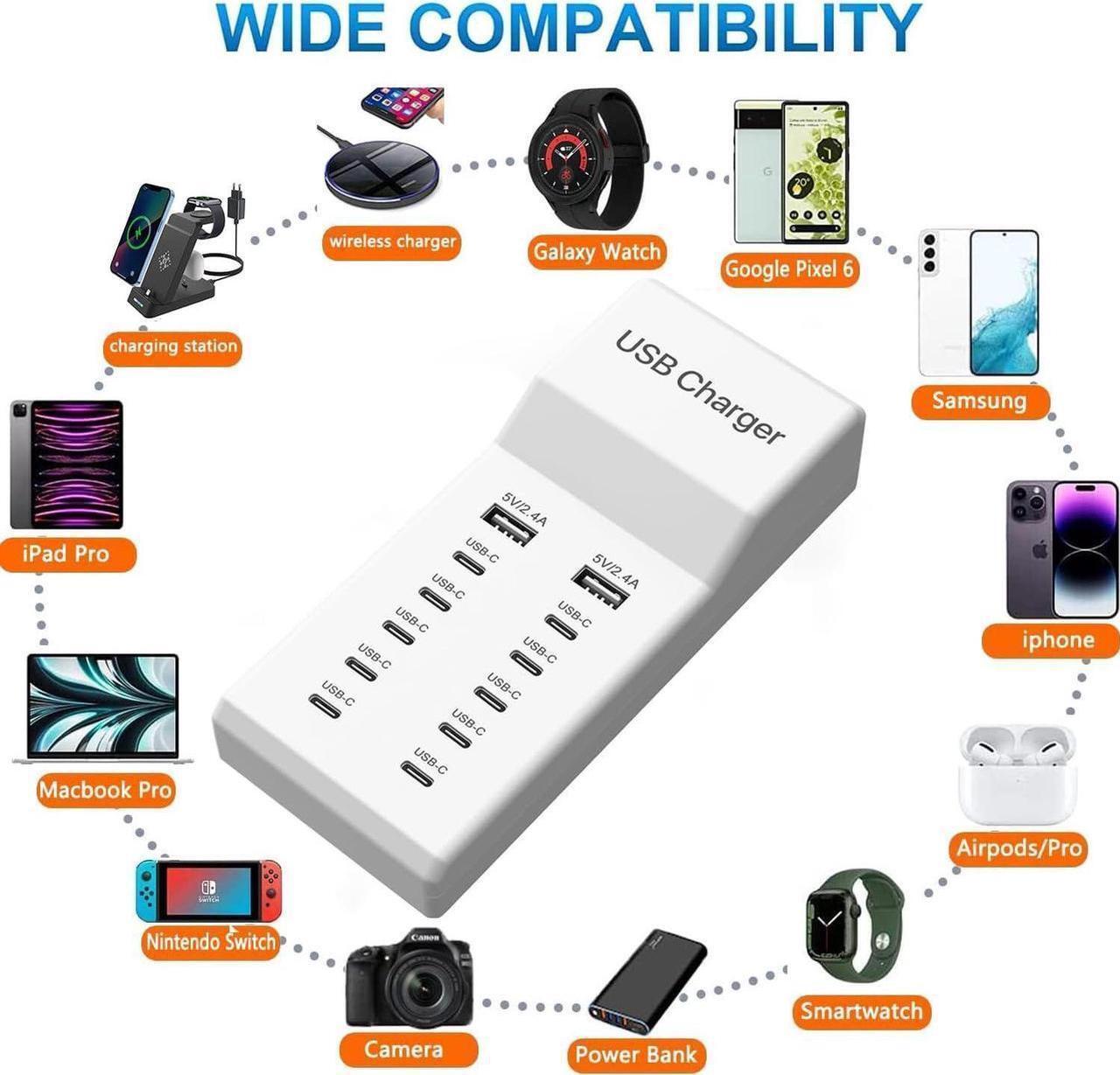 Alt view image 4 of 7 - Multiple USB C Charger, 12 Ports USB Charging Station, 60W MultiPort Charger[10 USB-C+2 USB-A], USB Wall Charger, Desktop USB Charger Compatible with iPhone/iPad//Google Pixel/Watch/Headphones