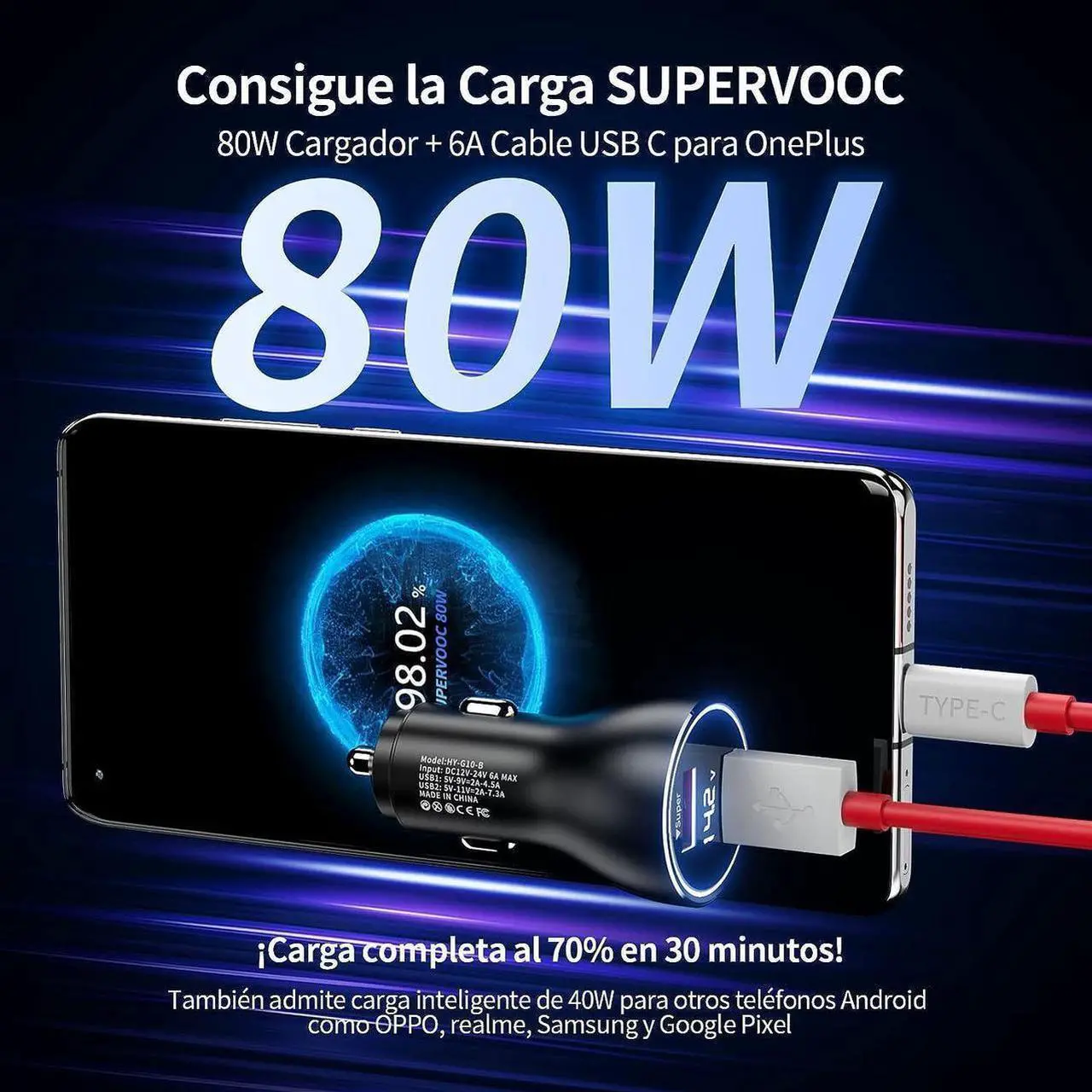 Alt view image 4 of 6 - Car Charger SuperVOOC 80W for OnePlus 12R 12 11 10t 10 Pro, SuperVOOC Warp Charger for OnePlus Open Pad Nord 9 Pro 8 7T 6 6T 5 5T LED Display Dual USB Car Charger Adapter with 3.3FT USB A to C Cable