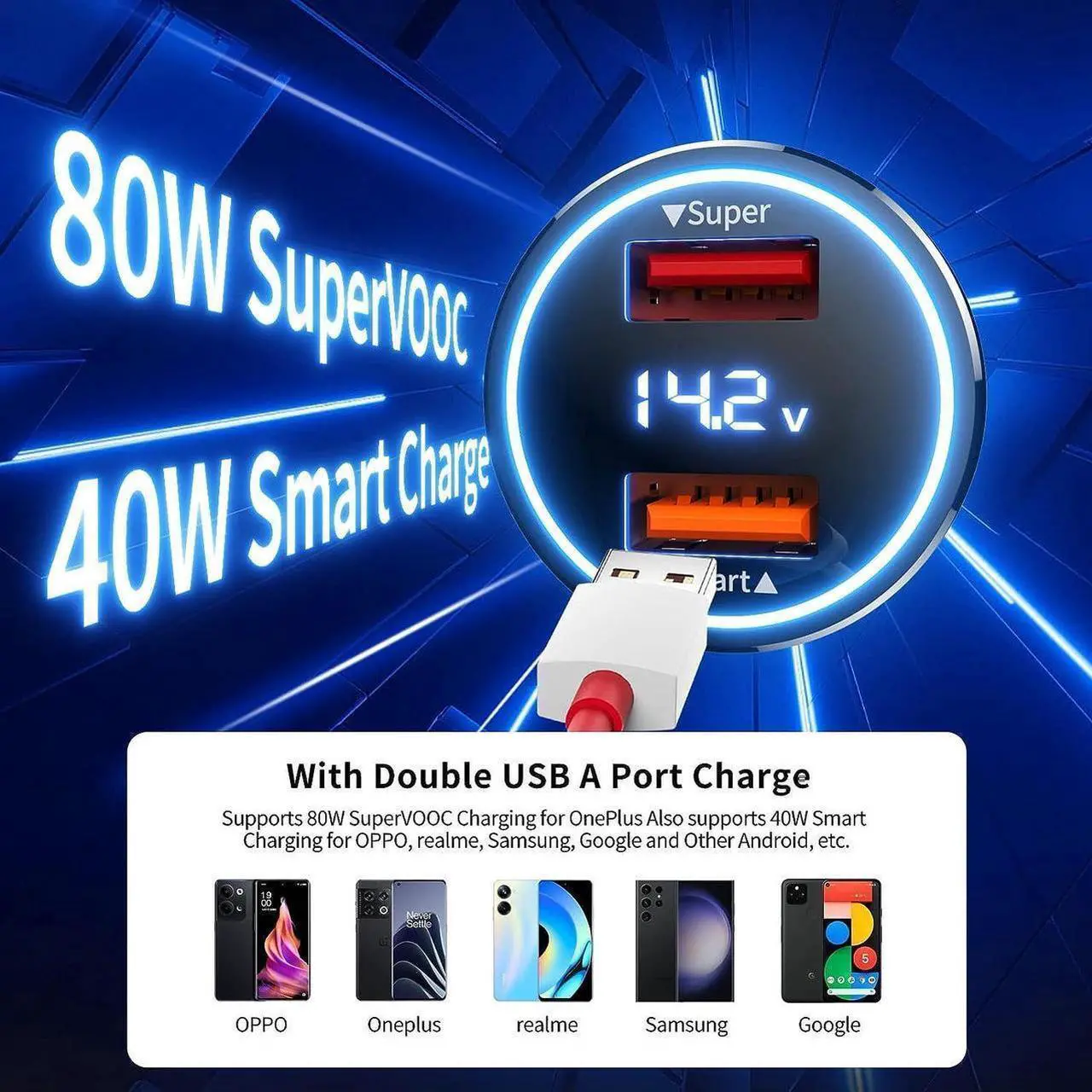 Alt view image 2 of 6 - Car Charger SuperVOOC 80W for OnePlus 12R 12 11 10t 10 Pro, SuperVOOC Warp Charger for OnePlus Open Pad Nord 9 Pro 8 7T 6 6T 5 5T LED Display Dual USB Car Charger Adapter with 3.3FT USB A to C Cable