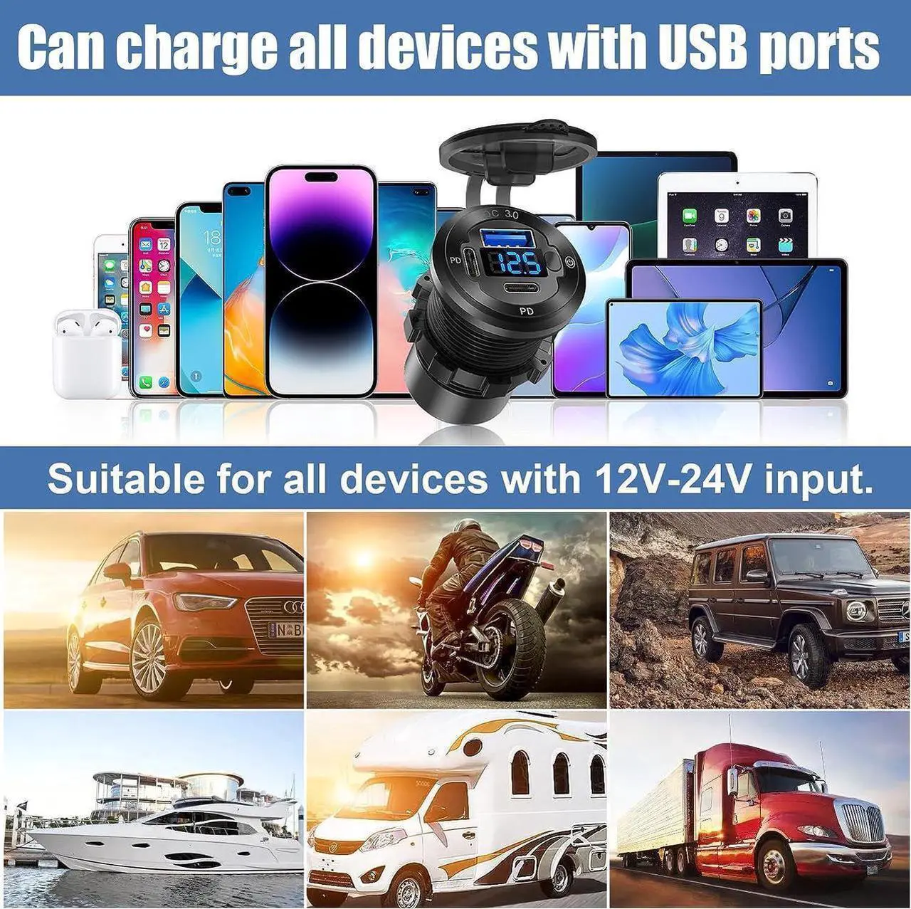 Alt view image 7 of 7 - 12V USB Car Socket Round USB C 12V Outlet, 3-Port Marine USB Fast Charger Waterproof Cigarette Outlet USB Replacement Aluminum with Switch & Voltmeter, Suitable for Boat Golf Cart RV Motorcycle Truck