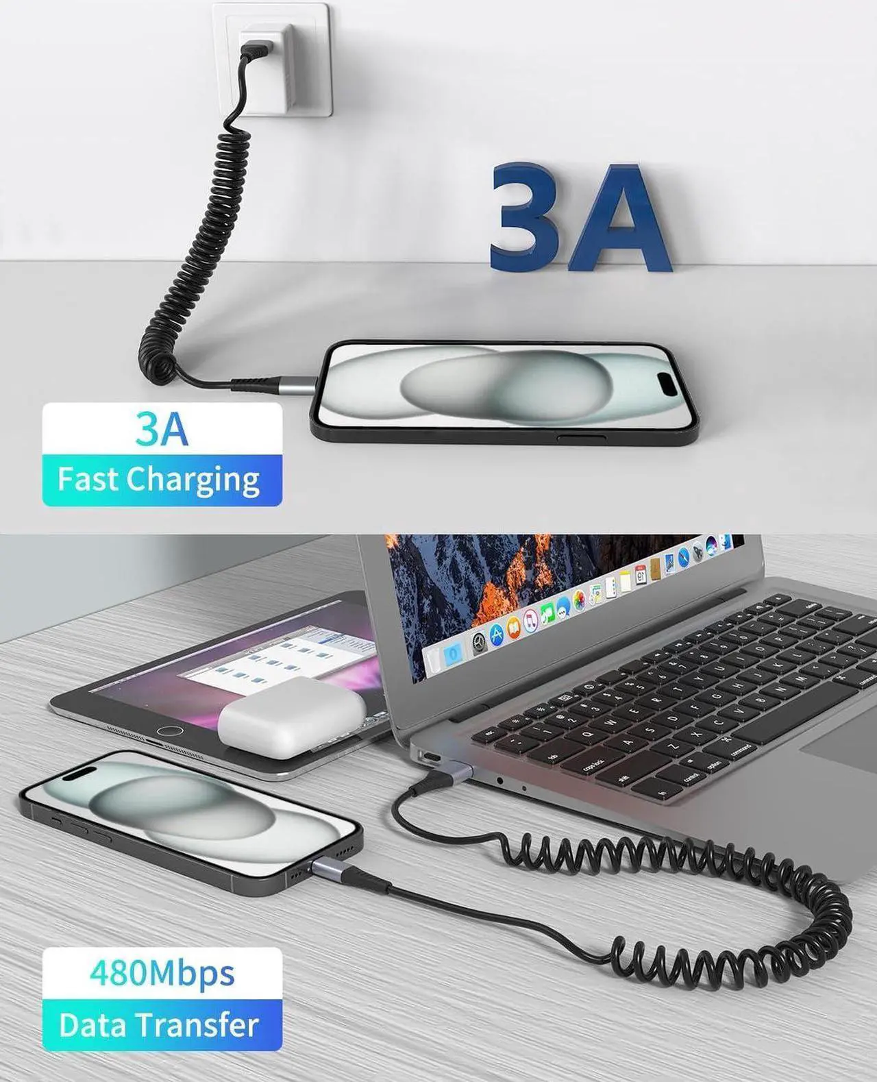 Alt view image 3 of 7 - Coiled USB C Cable, 2 Pack USB to USB C Coiled Cable for Car Short USB C Retractable Cable for iPhone 15 Pro Max, Samsung Galaxy S23 S22, Moto G8, Google Pixel, USB C Carplay Cord for Android Auto