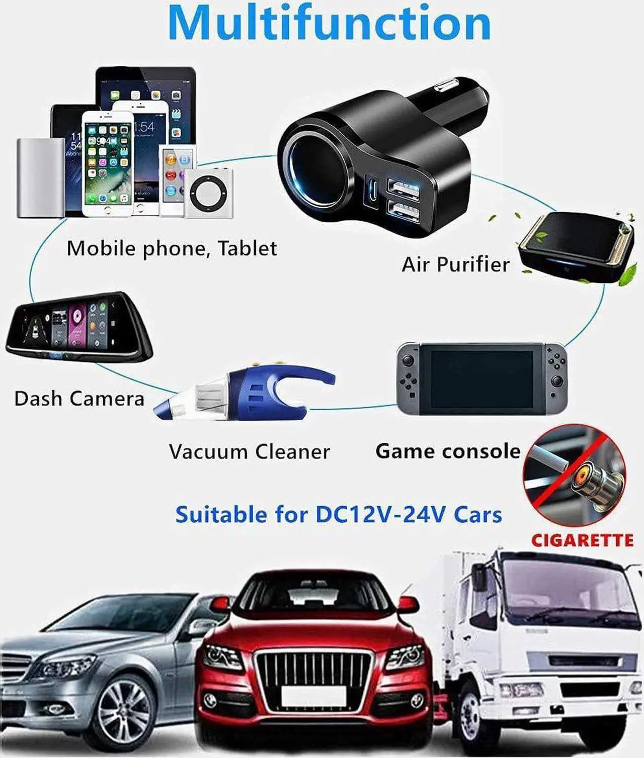 Alt view image 7 of 7 - 4 in 1 USB C Car Charger 168W Multi USB Cigarette Lighter Adapter Socket Splitter with 3 USB Ports 12V/24V Dual USB Type C PD Fast Car Charger Adapter for iPhone 15 Pro Max 14 13 iPad GPS