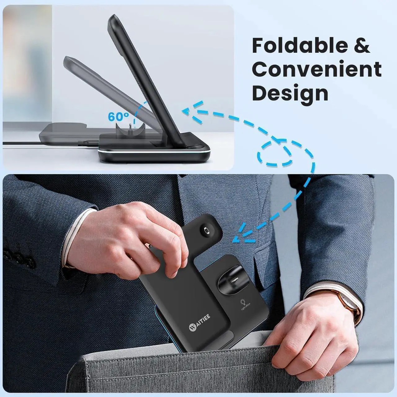 Alt view image 4 of 7 - WAITIEE Wireless Charger 3 in 1, 15W Fast Charging Station for Apple Watch 9/8/Ultra 2/Ultra/SE/7/6/5/4/3/2, for 3/2/1/Pro/Pro 2, for iPhone 15/14/13 /Plus/Pro/Pro Max/12/11/X/Xr/XS/8 (Black)