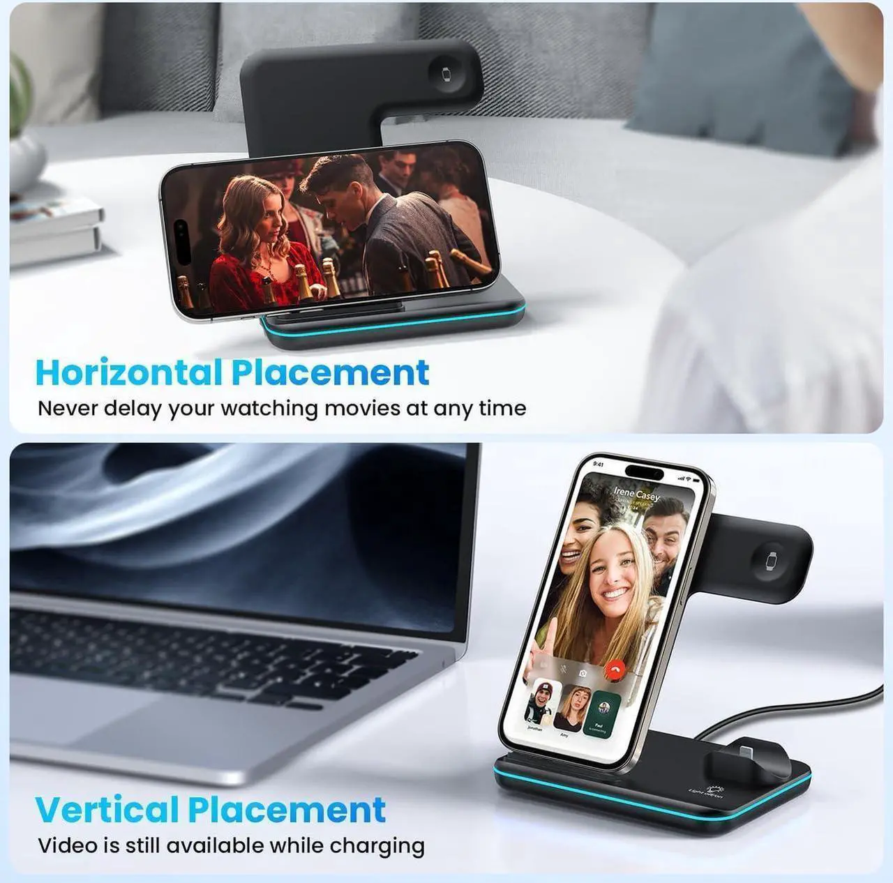 Alt view image 5 of 7 - WAITIEE Wireless Charger 3 in 1, 15W Fast Charging Station for Apple Watch 9/8/Ultra 2/Ultra/SE/7/6/5/4/3/2, for 3/2/1/Pro/Pro 2, for iPhone 15/14/13 /Plus/Pro/Pro Max/12/11/X/Xr/XS/8 (Black)