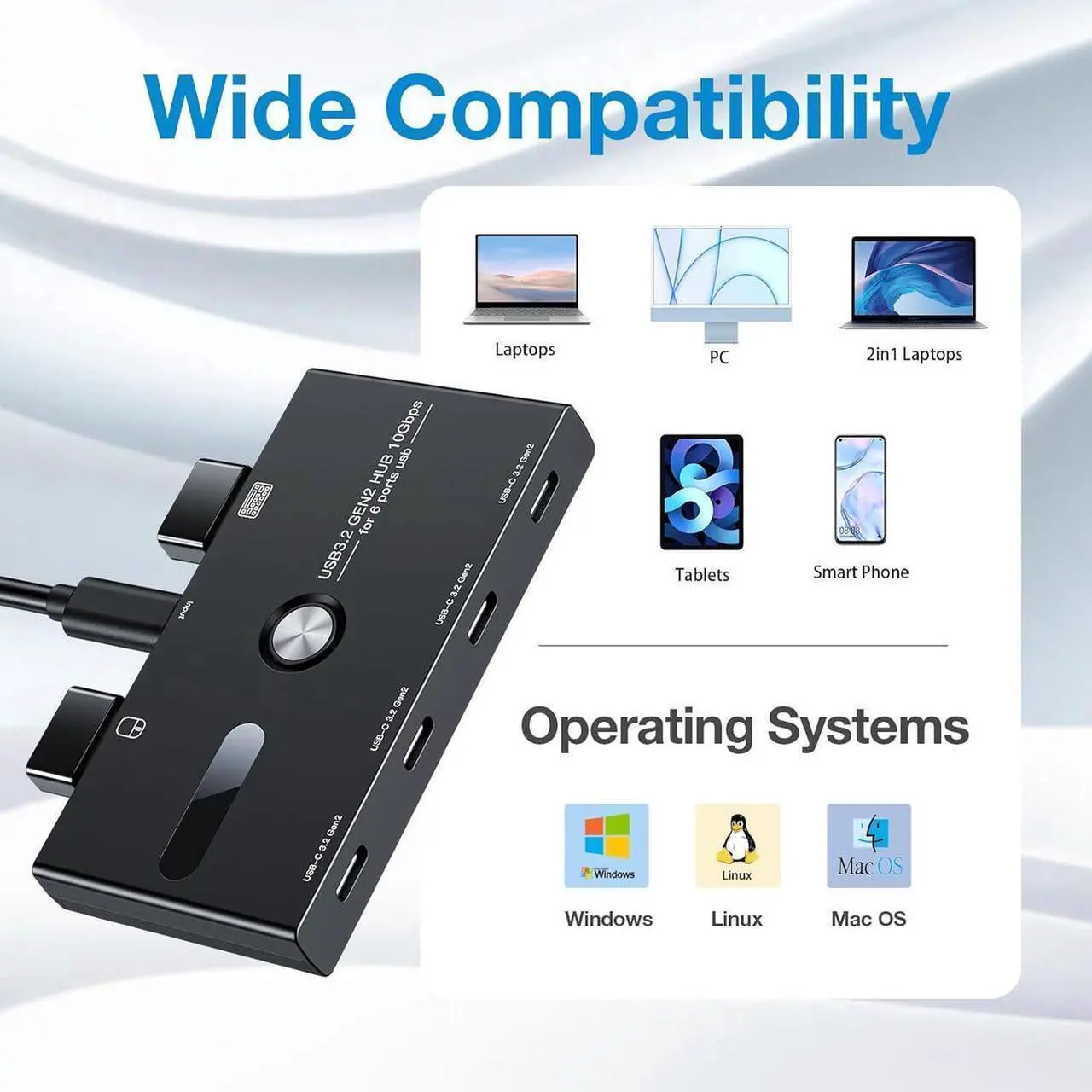 Alt view image 6 of 7 - 10Gbps USB 3.2 Gen 2 USB C Hub, 6 Ports USB C Splitter, USB C to USB C and USB A Hub for PC, Laptop, Mac-Book Pro/Air, i-Mac, Surface Pro, Chro-m-e-book, Etc (HUB ONLY, Not Support Charging/Monitor)