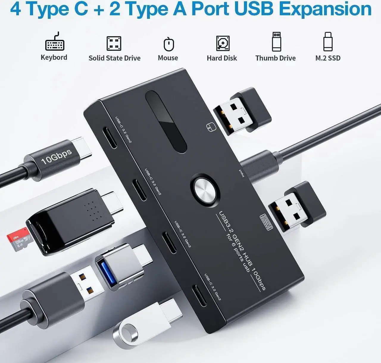 Alt view image 2 of 7 - 10Gbps USB 3.2 Gen 2 USB C Hub, 6 Ports USB C Splitter, USB C to USB C and USB A Hub for PC, Laptop, Mac-Book Pro/Air, i-Mac, Surface Pro, Chro-m-e-book, Etc (HUB ONLY, Not Support Charging/Monitor)