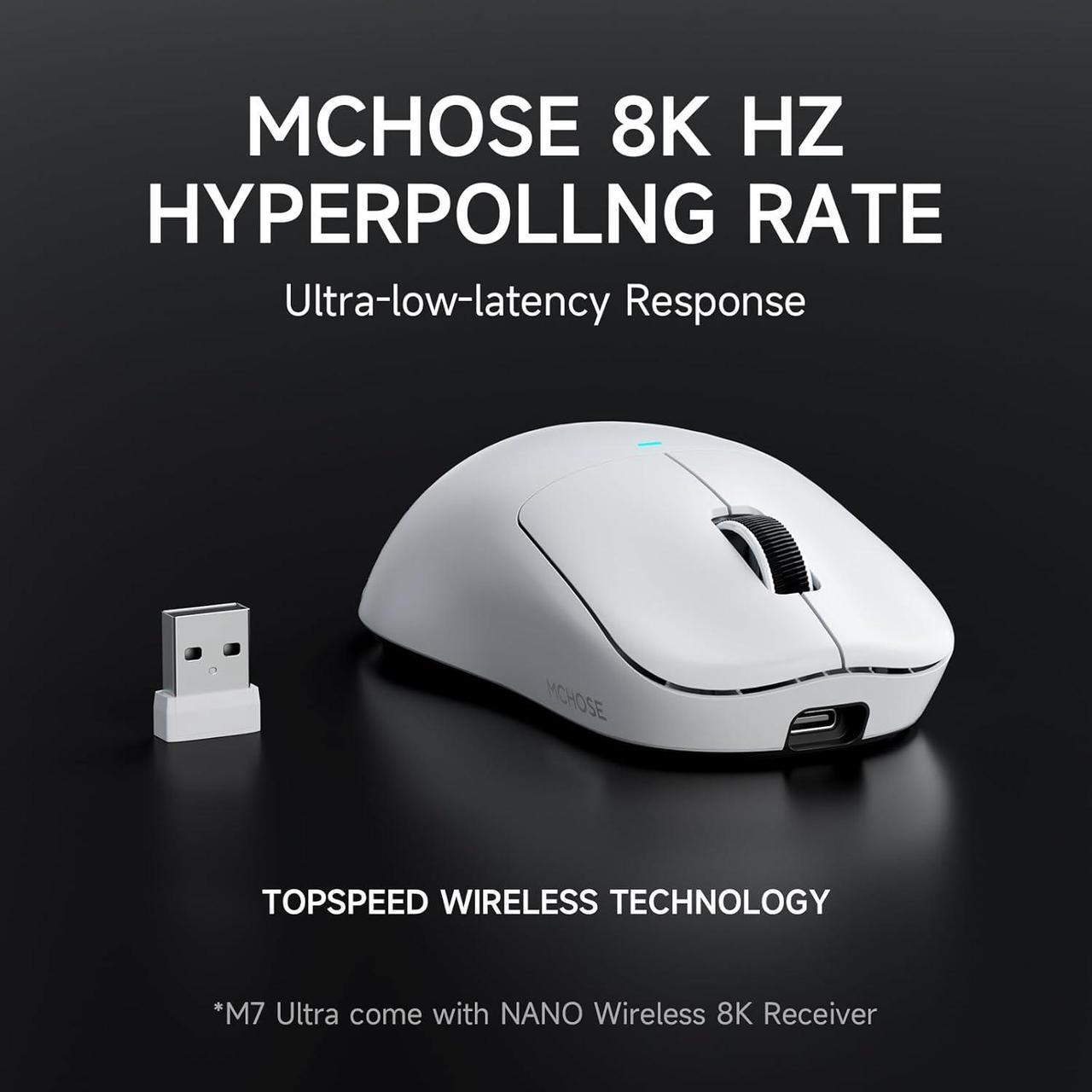Alt view image 3 of 7 - MCHOSE M7 Ultra Wireless Gaming Mouse, 8K Polling, 55g Lightweight Ergonomic Computer Mouse PAW3950 Optical Sensor 750 IPS 26000 DPI 6 Programmable Controls USB-C 3-Modes PC/Mac White