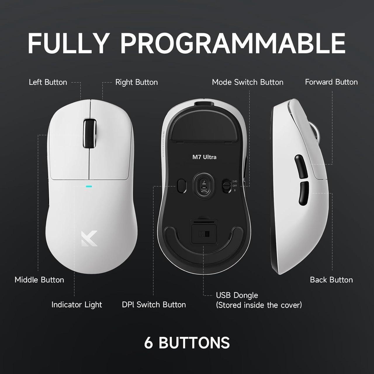 Alt view image 2 of 7 - MCHOSE M7 Ultra Wireless Gaming Mouse, 8K Polling, 55g Lightweight Ergonomic Computer Mouse PAW3950 Optical Sensor 750 IPS 26000 DPI 6 Programmable Controls USB-C 3-Modes PC/Mac White