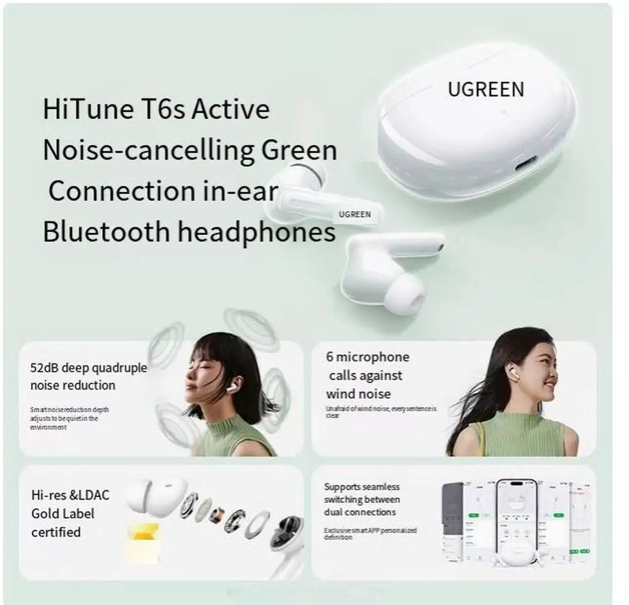 Alt view image 3 of 6 - UGREEN T6S Bluetooth headphones, noise-cancelling true wireless in-ear new model, sport compatible with Xiaomi, Huawei, Apple and Samsung Cyan