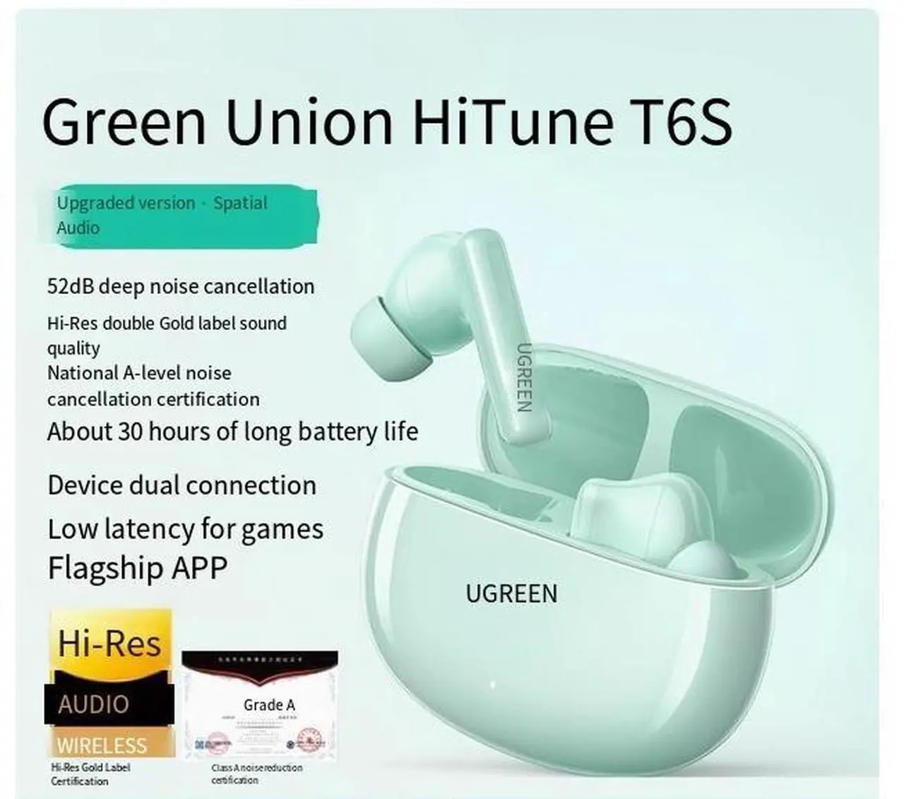 Main image of UGREEN T6S Bluetooth headphones, noise-cancelling true wireless in-ear new model, sport compatible with Xiaomi, Huawei, Apple and Samsung Cyan