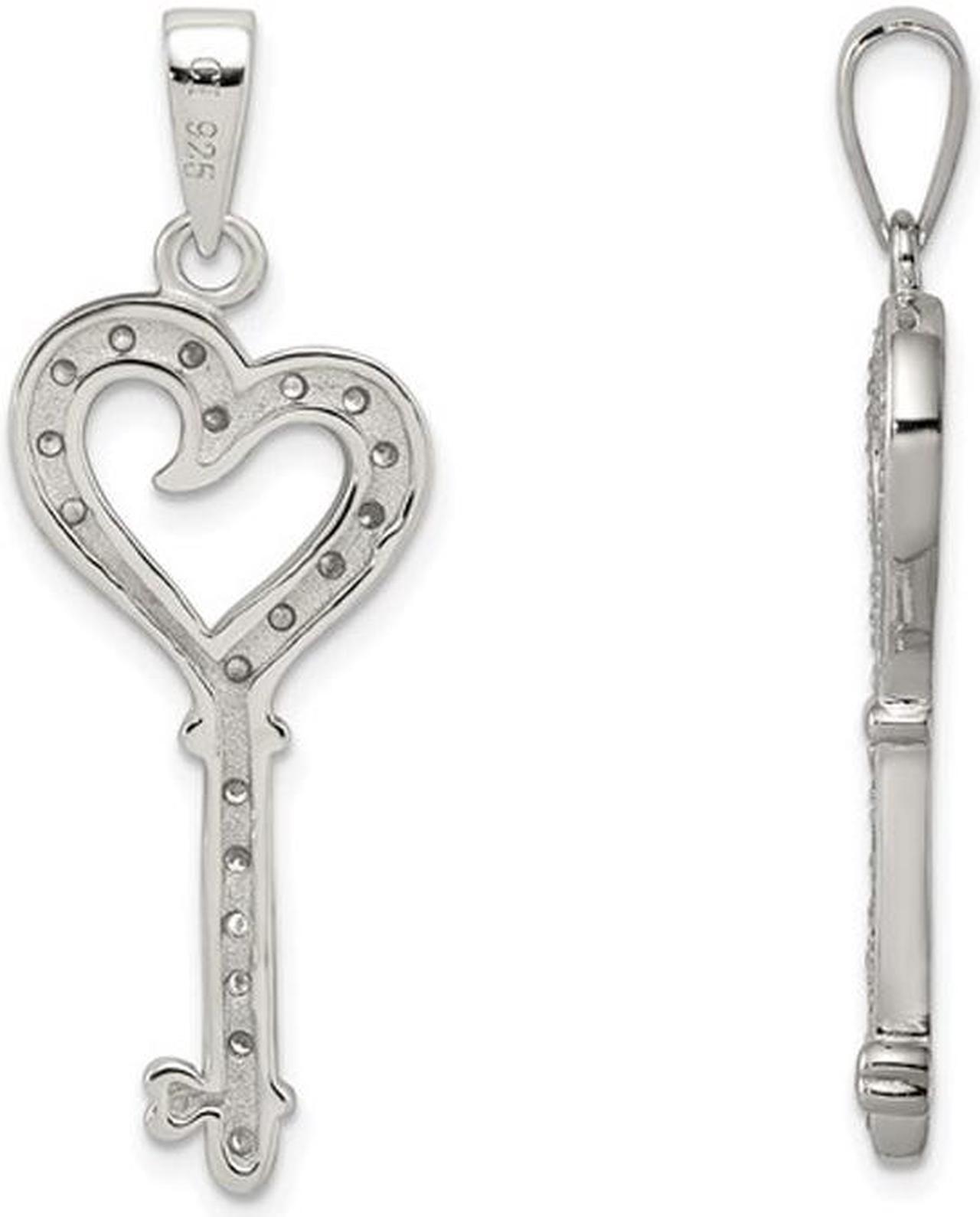 Alt view image 3 of 4 - Synthetic Cubic Zirconia (CZ) Heart and Key Pendant Necklace in Sterling Silver with Chain