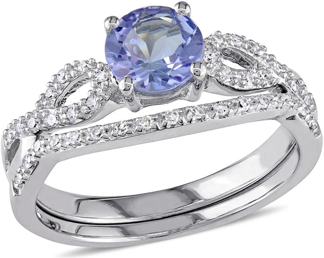 1.00 Carat (ctw) Tanzanite Engagement Ring & Wedding Band in 10K White Gold with Diamonds