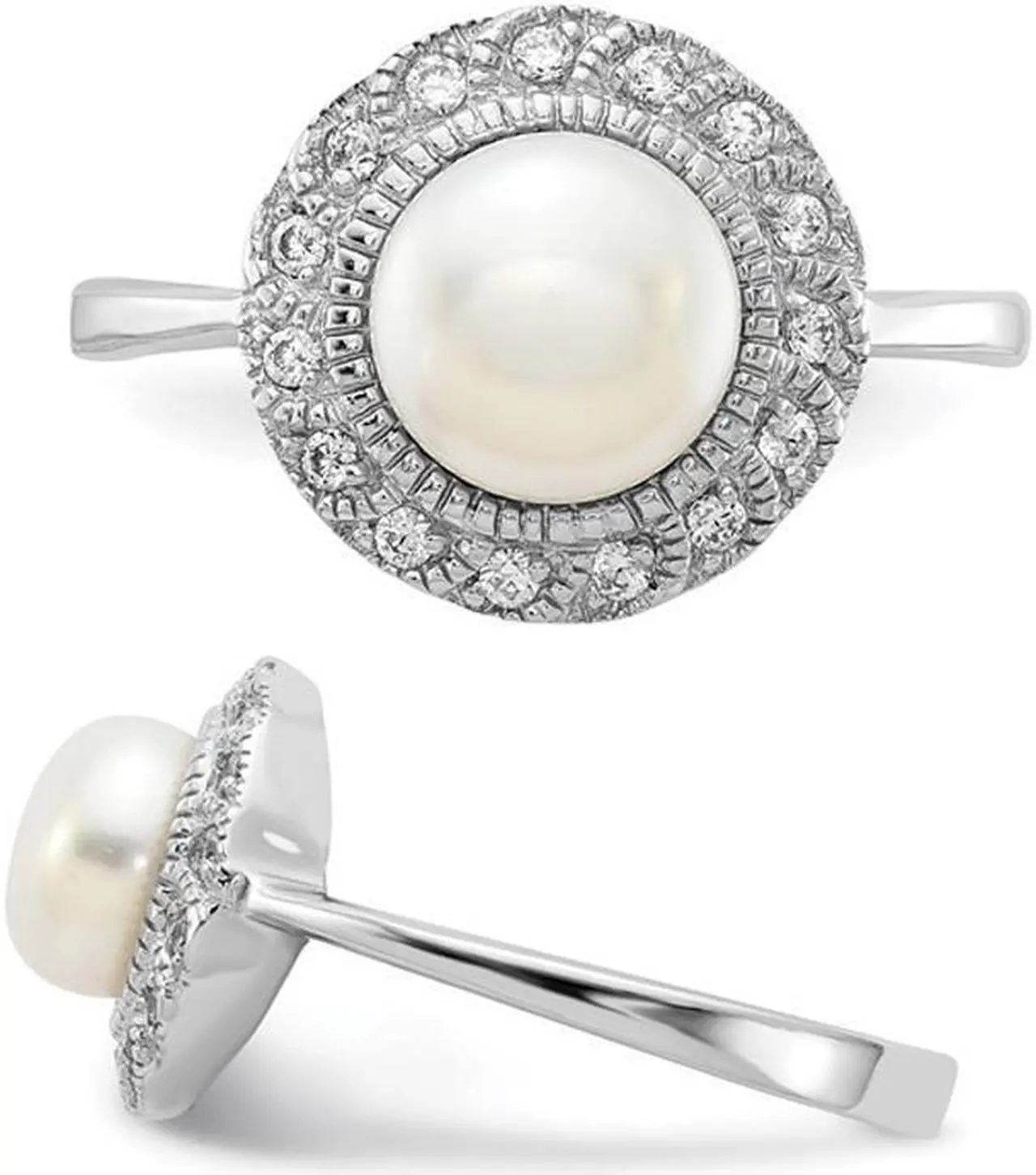 Alt view image 4 of 5 - Freshwater Cultured Pearl Ring in Sterling Silver with Synthetic Cubic Zirconia
