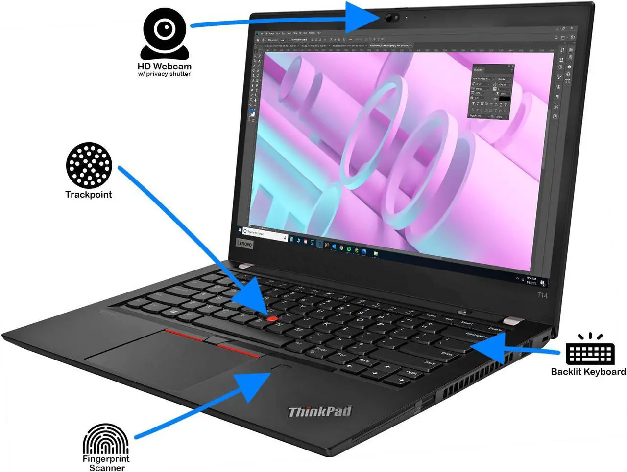 Alt view image 5 of 7 - Lenovo ThinkPad T14 Notebook, 14" IPS FHD Display, Intel Core i7-10510U Upto 4.9GHz, 32GB RAM, 2TB NVMe SSD, HDMI, DisplayPort via USB-C, Card Reader, Wi-Fi, Bluetooth, Windows 10 Pro
