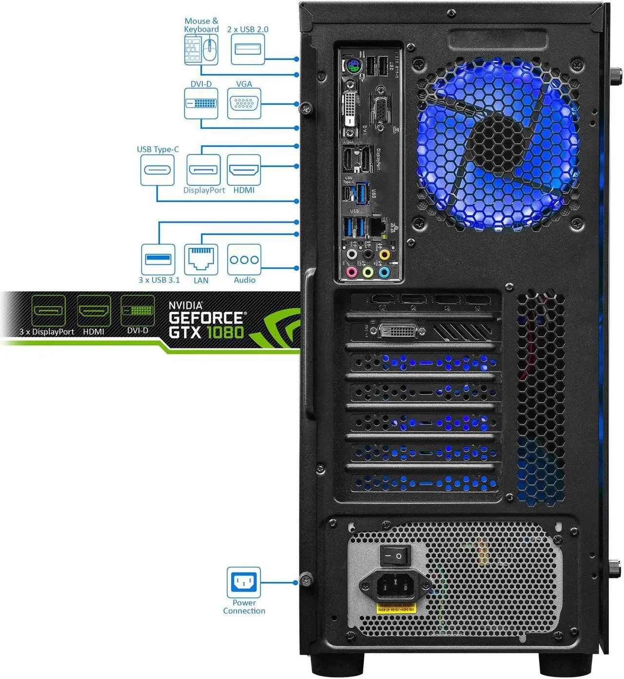 Alt view image 3 of 7 - Overpowered Gaming DTW2 Desktop, Intel Core i7-8700 Upto 4.6GHz, 32GB RAM, 1TB NVMe SSD + 1TB HDD, NVIDIA GeForce GTX 1080, HDMI, DisplayPort, DVI, Wi-Fi, Bluetooth, Windows 10 Pro