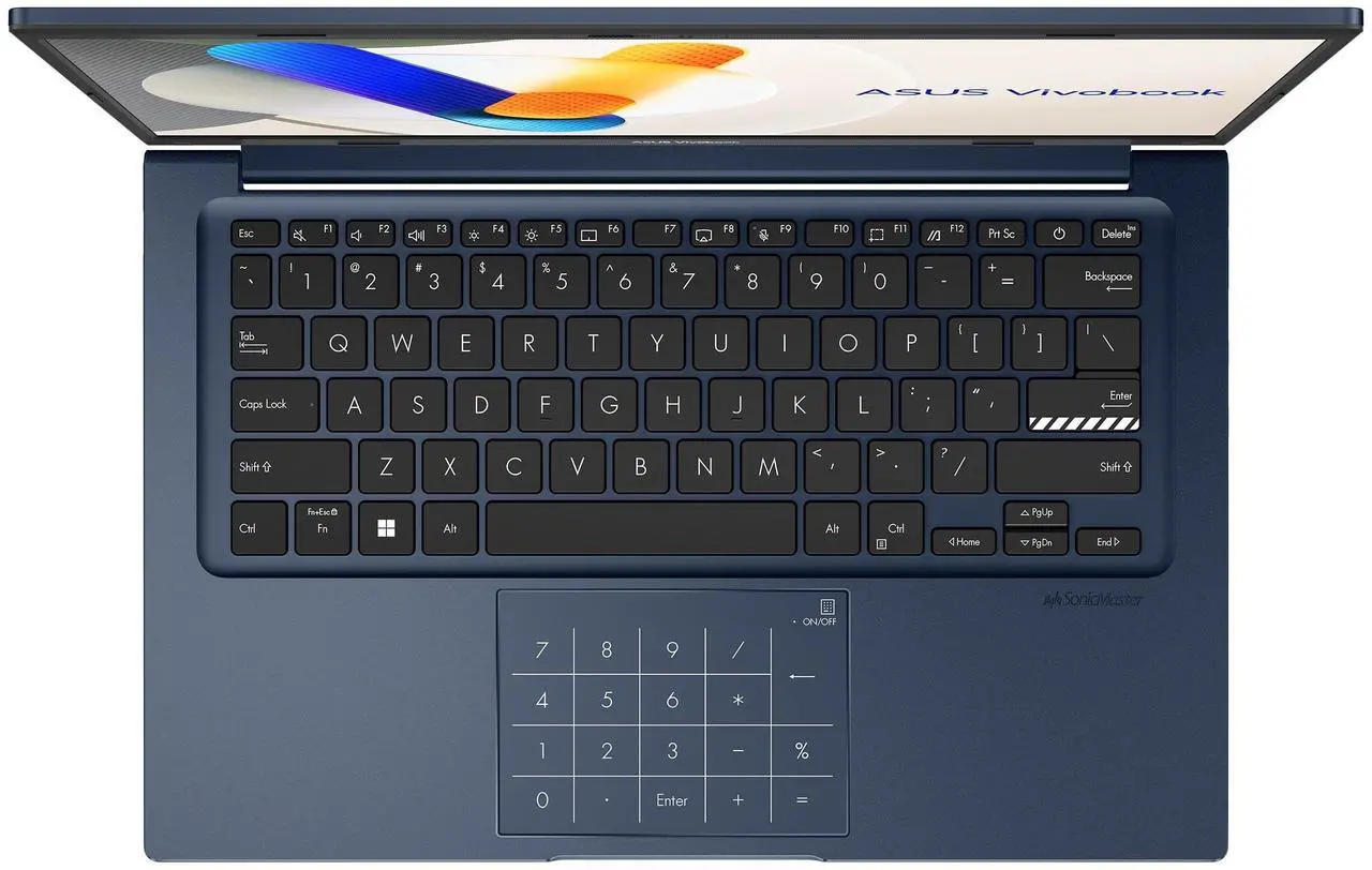 Overhead view of the ASUS Vivobook laptop keyboard and touchpad with a numeric keypad feature.