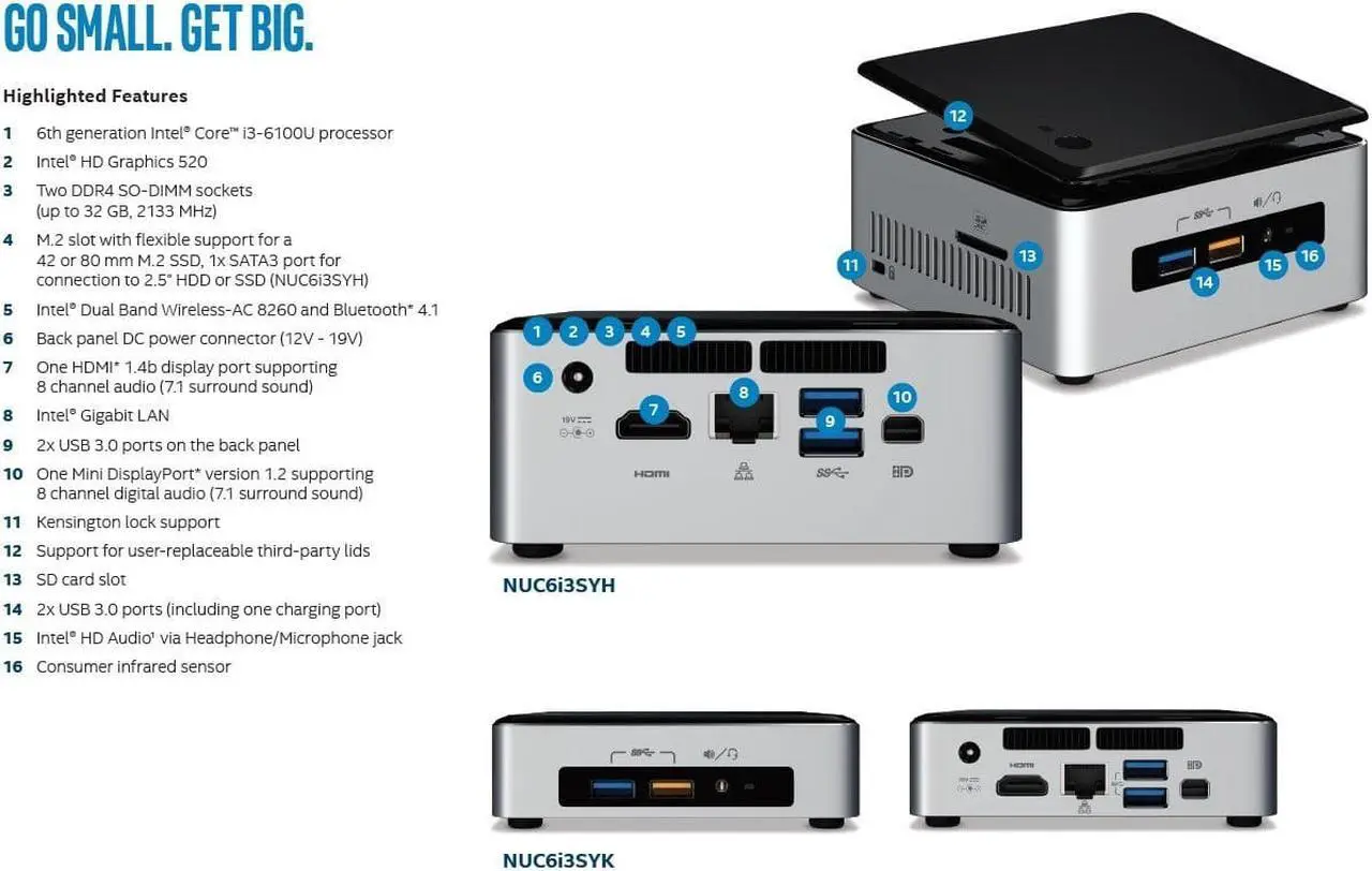 Alt view image 7 of 7 - Intel NUC Desktop/HTPC 6th Generation Intel Dual-Core i3 2.3GHz, 16GB DDR4, 512GB SSD, Wifi, Bluetooth, 4K Capable, Dual Monitor Capable, Windows 10 Professional 64Bit