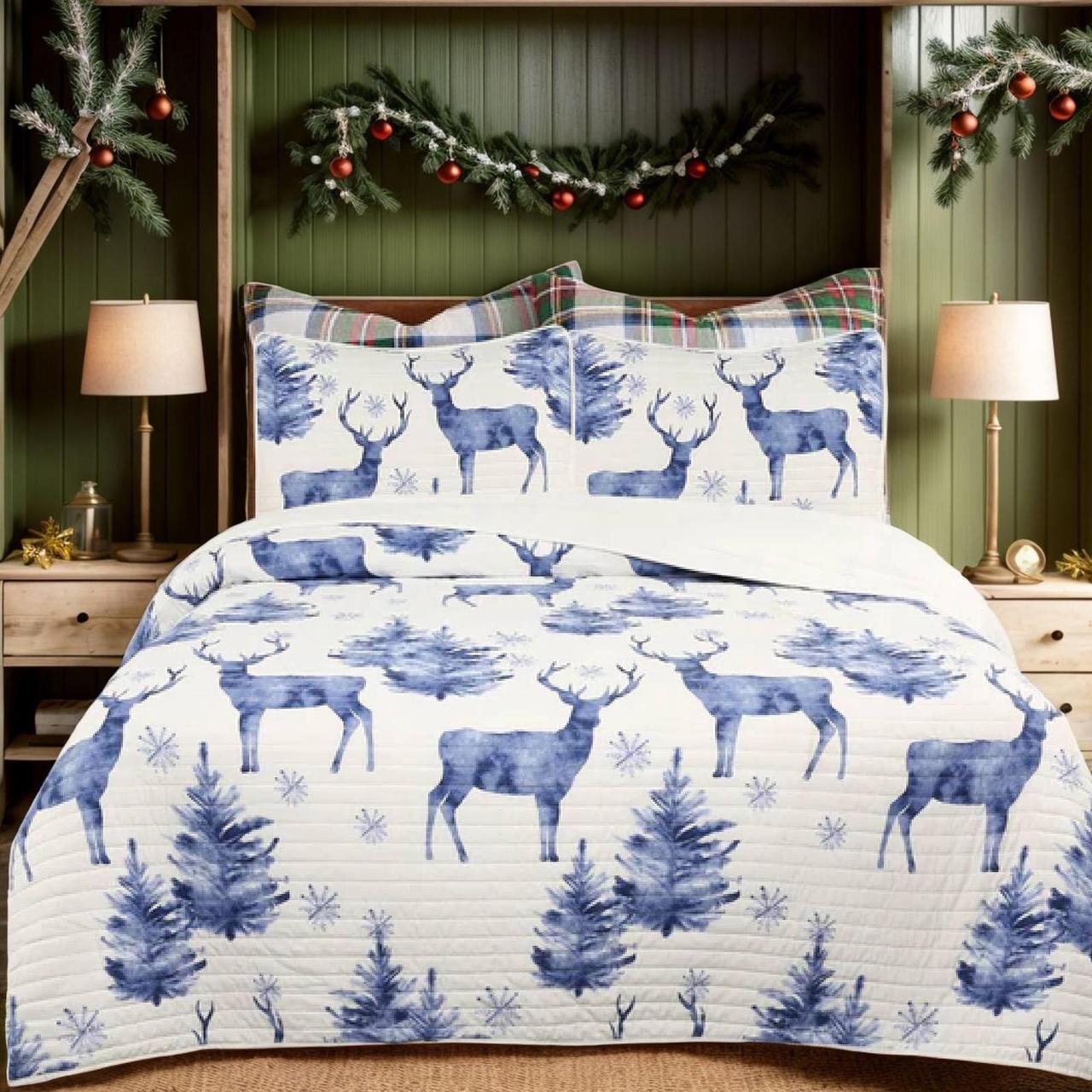 Alt view image 2 of 6 - Ventray King Size Quilt Set, Christmas Comforter Set, Holiday Bedding Quilted Bedspread Coverlet with 2 Pillow Shams for All Seasons, Deer Pattern 102" X 92"
