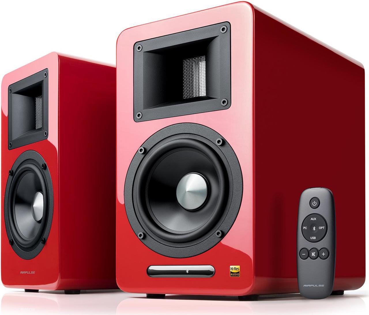 AirPulse A100 Hi-Res Audio Certified Active Speaker System Built-in Amplifier Optical, Coaxial, Bluetooth 4.1 aptX, RCA, AUX, and USB Inputs - Pair Red