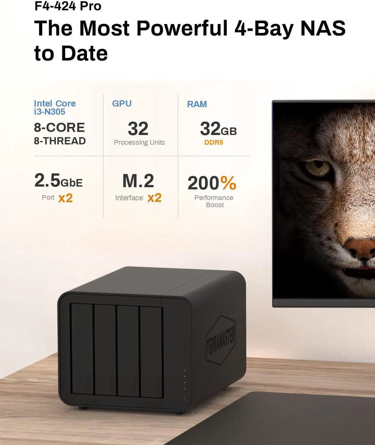 Alt view image 3 of 7 - TERRAMASTER F4-424 Pro NAS Storage - 4Bay Core i3-N305 8-Core 8-Thread CPU, 32GB DDR5 RAM, 2.5GbE Port x 2, Network Attached Storage Peak Performance for Business (Diskless)