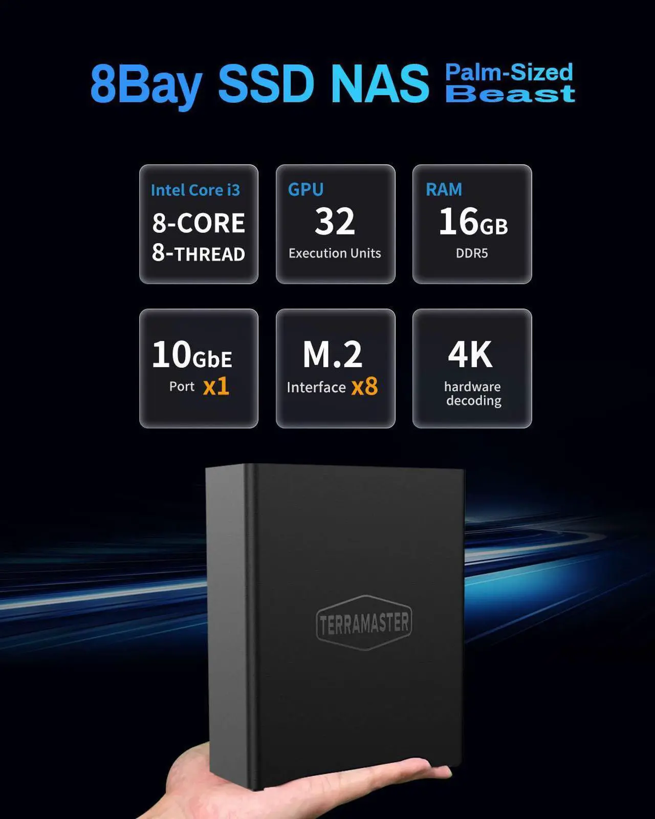 Alt view image 2 of 7 - TERRAMASTER F8 SSD Plus NAS - 8Bay All SSD NAS Storage Core i3 8-Core 8-Thread CPU, 16GB DDR5 RAM, 10GbE Port, Palm-Sized Network Attached Storage Peak Performance for Business (Diskless)