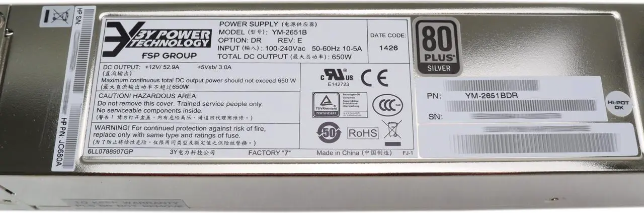 Alt view image 3 of 5 - HP AC Power Supply PSU 80+ Silver YM-2651B Input 100-240V 50-60Hz 10-5A 650W A58x0AF JC680A