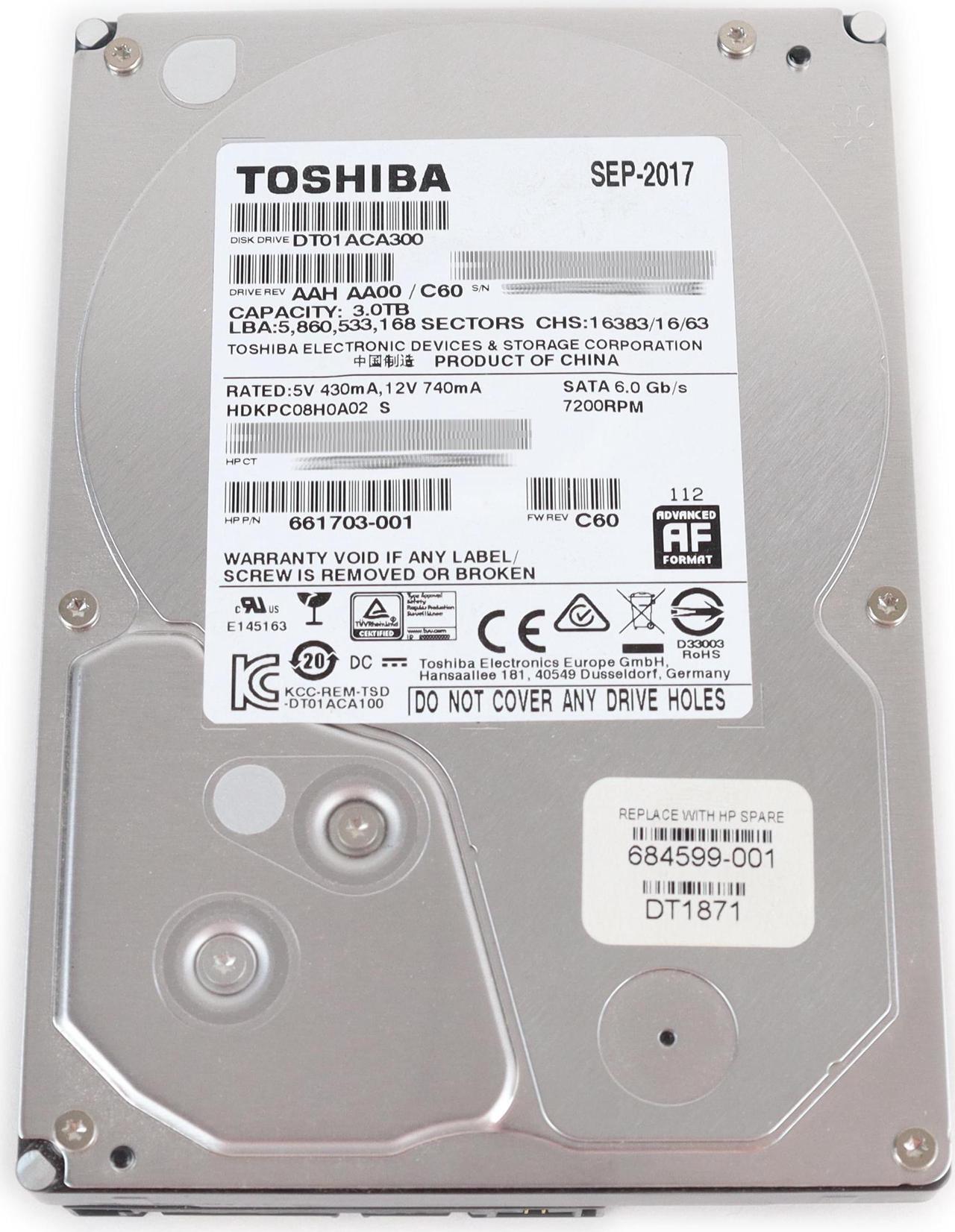 Main image of HP Toshiba 3TB DT01ACA300 7.2K RPM 64MB Cache SATA 3.5" 661703-001 684599-001
