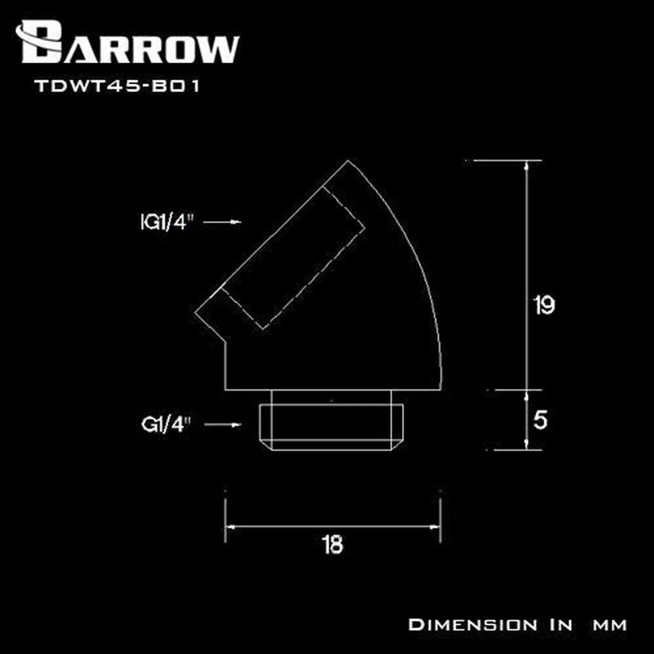 Alt view image 3 of 3 - Barrow G1/4" 45 Degree Male to Female Angled Adaptor Fitting - Black (TDWT45-V2)