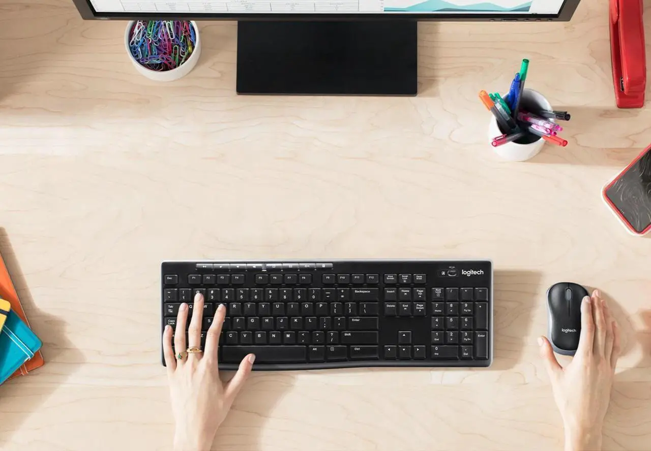 Alt view image 6 of 7 - Logitech MK270 Wireless Keyboard & Mouse Combo Travel Home Office Modern Bundle with Boost Glow in the Dark Water-Resistant Portable Wireless Bluetooth Speaker, Gel Wrist & Mouse Pads