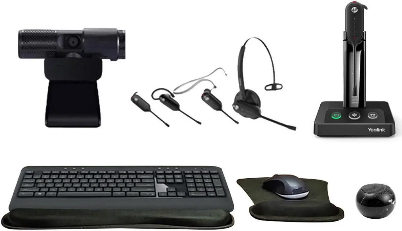 Main image of Yealink WH63 Mono Bluetooth Noise Canceling Mic Headset Bundle with Cam 313 2MP Webcam, MK540 Wireless Keyboard and Mouse, Gel Mouse & Wrist Pad, Mini Speaker, Pack of 2