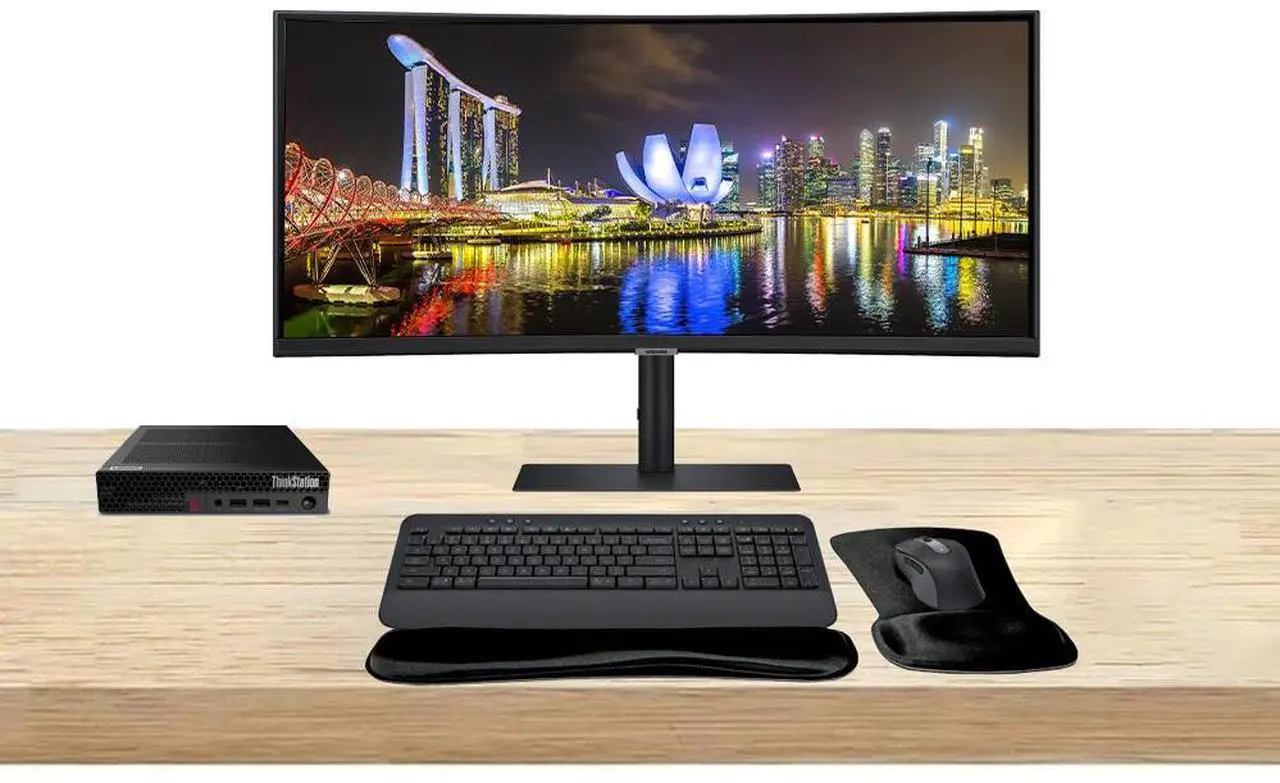 Main image of Lenovo ThinkStation P3 Tiny i9, 32GB RAM, 1TB SSD, T1000 8GB DDR6 Graphics Bundled with ViewFinity S95UC 49 Curved Dual 2K, MK650 Wireless Keyboard & Mouse, Gel Mouse & Wrist Pad