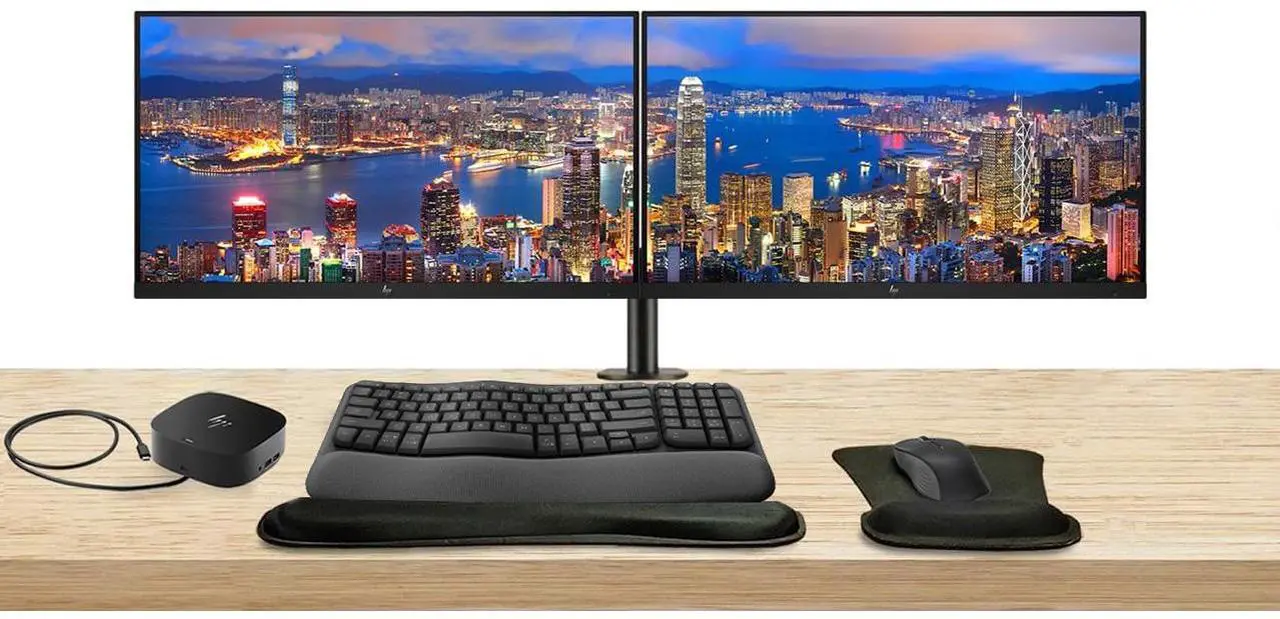 Main image of HP EliteDisplay E22 G5 22-inch Full HD LED-Backlit LCD IPS Monitor, 2-Pack Bundle with HDMI, DisplayPort, Dual Monitor Stand, USB-C Dock, MK670 Wireless Keyboard & Mouse, Gel Mouse & Wrist Pad