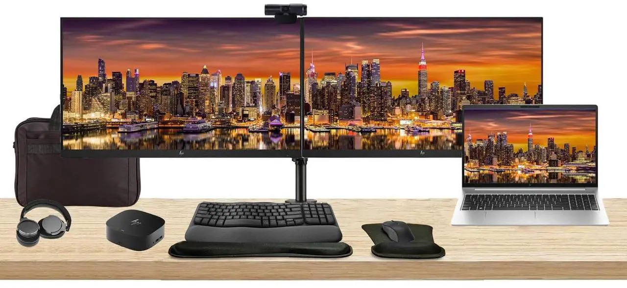 Main image of HP ProBook 455 G10 15.6" Ryzen 7, 16GB RAM, 512GB SSD, Bundle with 2 x EliteDisplay E27 27" Monitors, Dual Stand, USB-C Dock, MK670 Wireless Keyboard and Mouse, Gel Pad, Webcam, Headphones, Bag