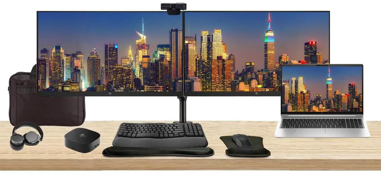 Main image of HP ProBook 450 G10 15.6" i5, 8GB RAM, 256GB SSD, Bundle with 2 x EliteDisplay E27 27" Monitors, Dual Stand, USB-C Dock, MK670 Wireless Keyboard and Mouse, Gel Pad, Webcam, Headphones, Bag