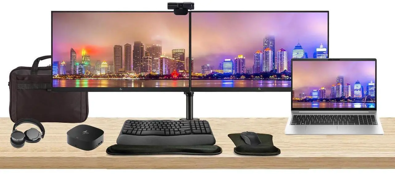 Main image of HP ProBook 450 G10 15.6" i7, 16GB RAM, 512GB SSD, Bundle with 2 x EliteDisplay E24 24" Monitors, Dual Stand, USB-C Dock, MK670 Wireless Keyboard and Mouse, Gel Pad, Webcam, Headphones, Bag